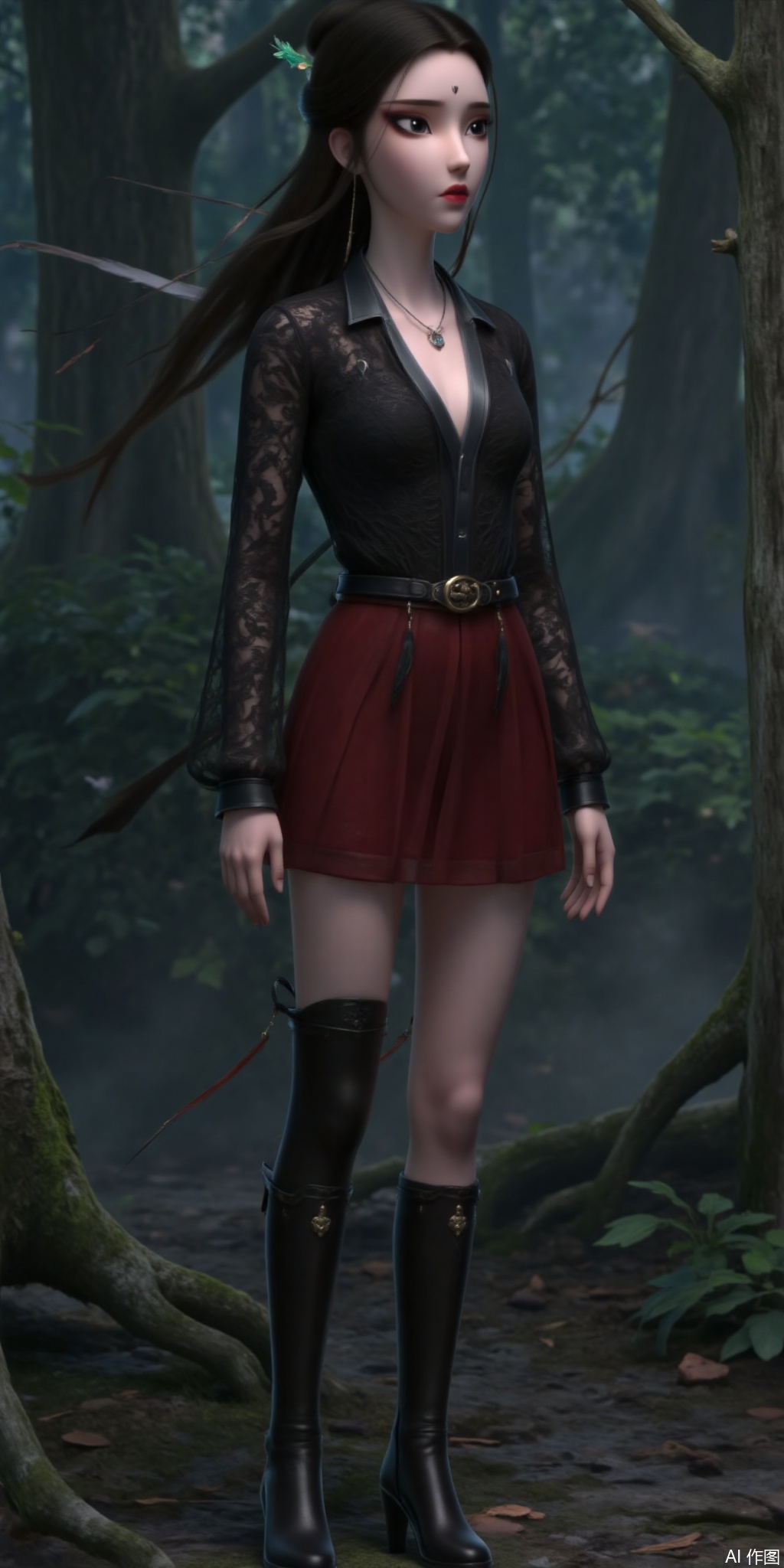 A mysterious dark-style JK beauty wearing a black lace JK uniform stands in a shadowy forest, showcasing her dark and seductive charm.

The black lace shirt paired with a red mini skirt sways gently with her movements, revealing her long legs. Her hair is draped over her shoulders, and she wears a necklace adorned with black feathers, adding a touch of mystery. Her expression is cold and profound, her eyes revealing a hint of dark power, as if from another world.

The shadowy forest background is filled with a sense of mystery, with ancient trees and mist in the background, creating an atmosphere of darkness and intrigue.