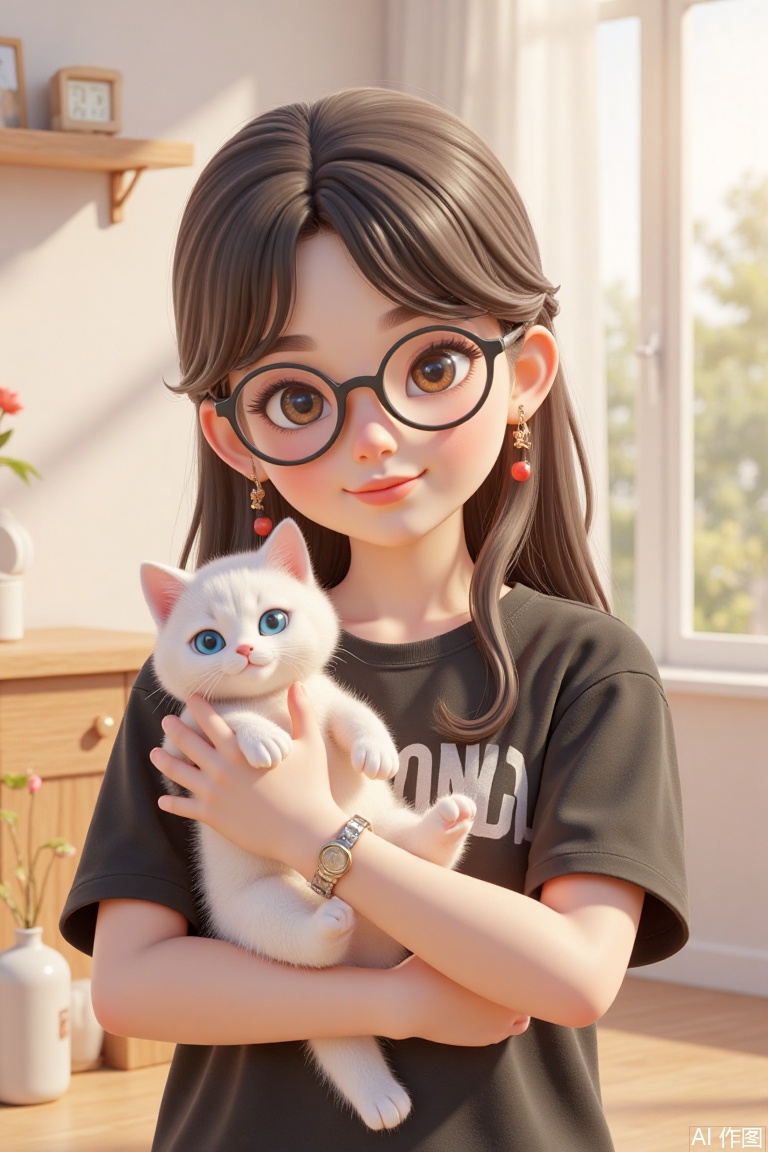 A girl with long-haired hair wearing black framed glasses and red pearl earrings, wearing a black short-sleeved T-shirt and holding a white cat in her arms. The cat has big blue eyes, pink nose, and cute and agile manner. The background is soft and light colors, the picture lines are smooth and delicate, and the color matching is harmonious. Through vivid character creation and warm scene arrangement, a healing and warm atmosphere is created, conveying the intimate and beautiful emotions between people and pets, and showing delicate emotional expression and aesthetic texture.