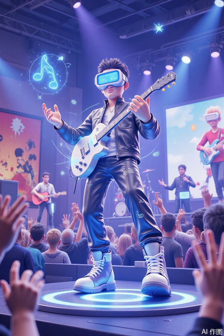 A vivid 3D illustration of a musician wearing augmented reality glasses, performing in a virtual concert hall. He holds a holographic guitar, strumming along to a catchy tune. The concert hall is illuminated by stage lights and filled with virtual audience members. The background includes a virtual band and a wall painted with a mural of musical instruments. The musician is dressed in a flashy, stage-ready outfit and stylish boots. The overall aesthetic is lively and energetic, with a focus on music and performance.