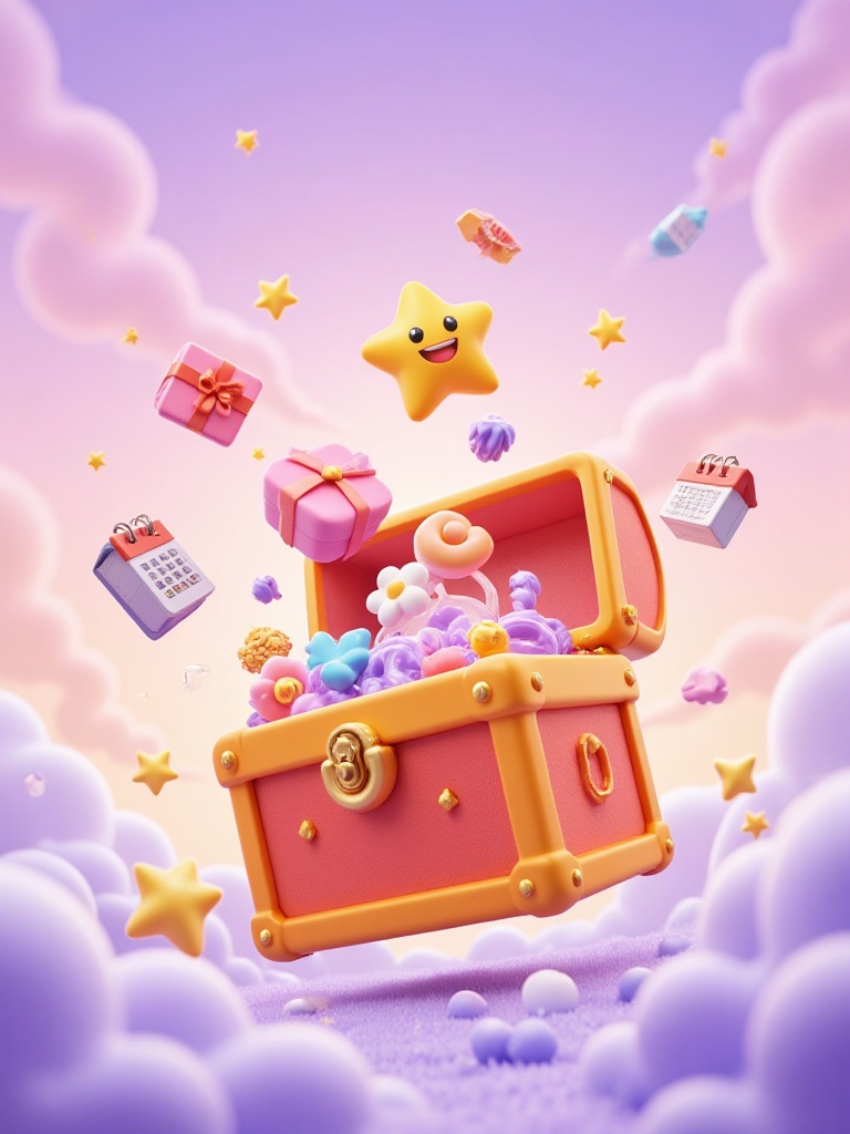 A vibrant and playful 3D cartoon-style digital illustration featuring an opened treasure chest as the central subject. The...