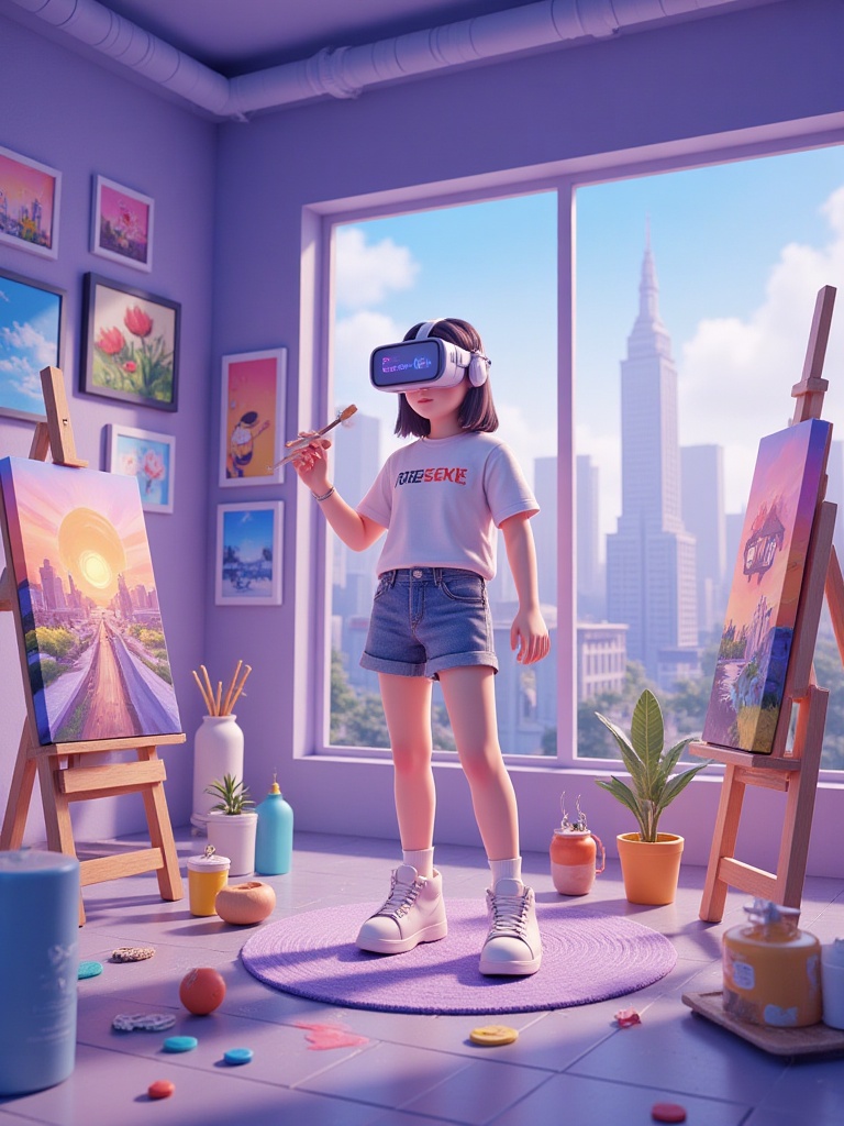A stunning CGI illustration of a teenage girl wearing virtual reality headsets,  standing in the middle of a virtual art s...