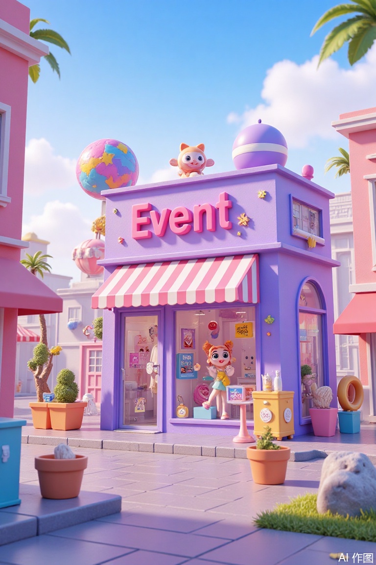 This photo depicts a vibrant and colorful scene, surrounding a whimsical storefront. The design of this store features an interesting cartoon aesthetic and is characterized by a color combination of pink and purple. The sign above the shop reads "Event" in pink letters, and the awning is in white and pink stripes.