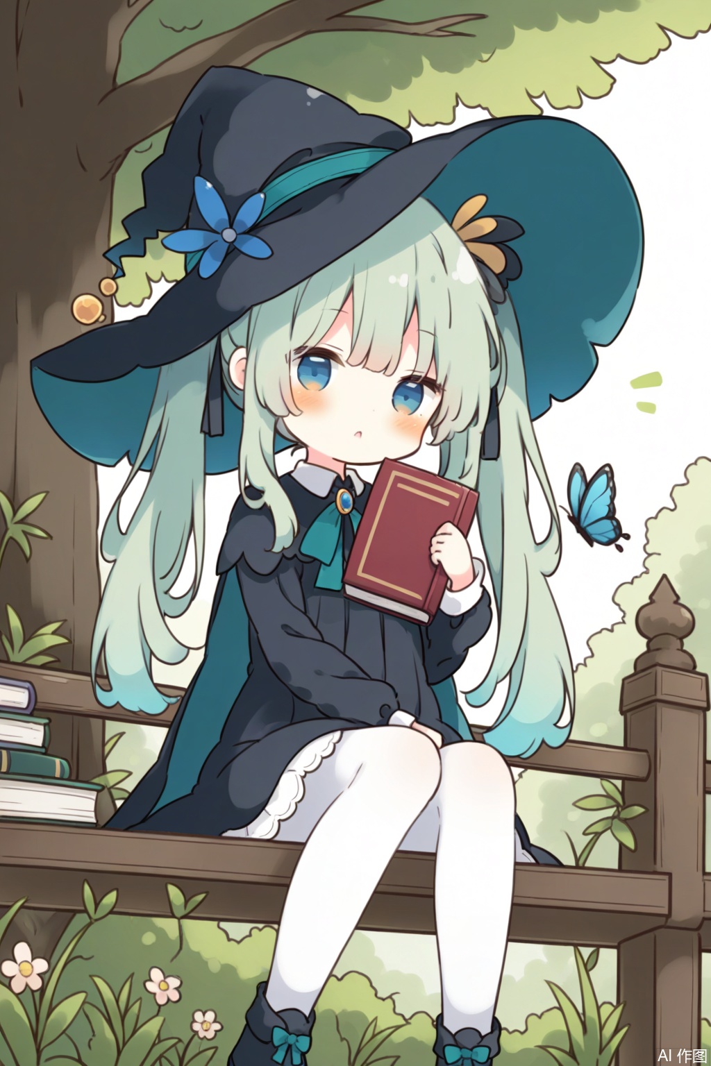 (masterpiece),(best quality),1girl, solo, hat, book, blue eyes, witch hat, bug, green hair, long hair, holding, dress, twintails, sitting, holding book, bangs, outdoors, looking at viewer, butterfly, long sleeves, brooch, flower, white pantyhose, blush, pantyhose, collared dress, black headwear, open book, black footwear, shoes, railing, black dress, parted lips, hat flower, witch, bow, day, tree, hair ornament
