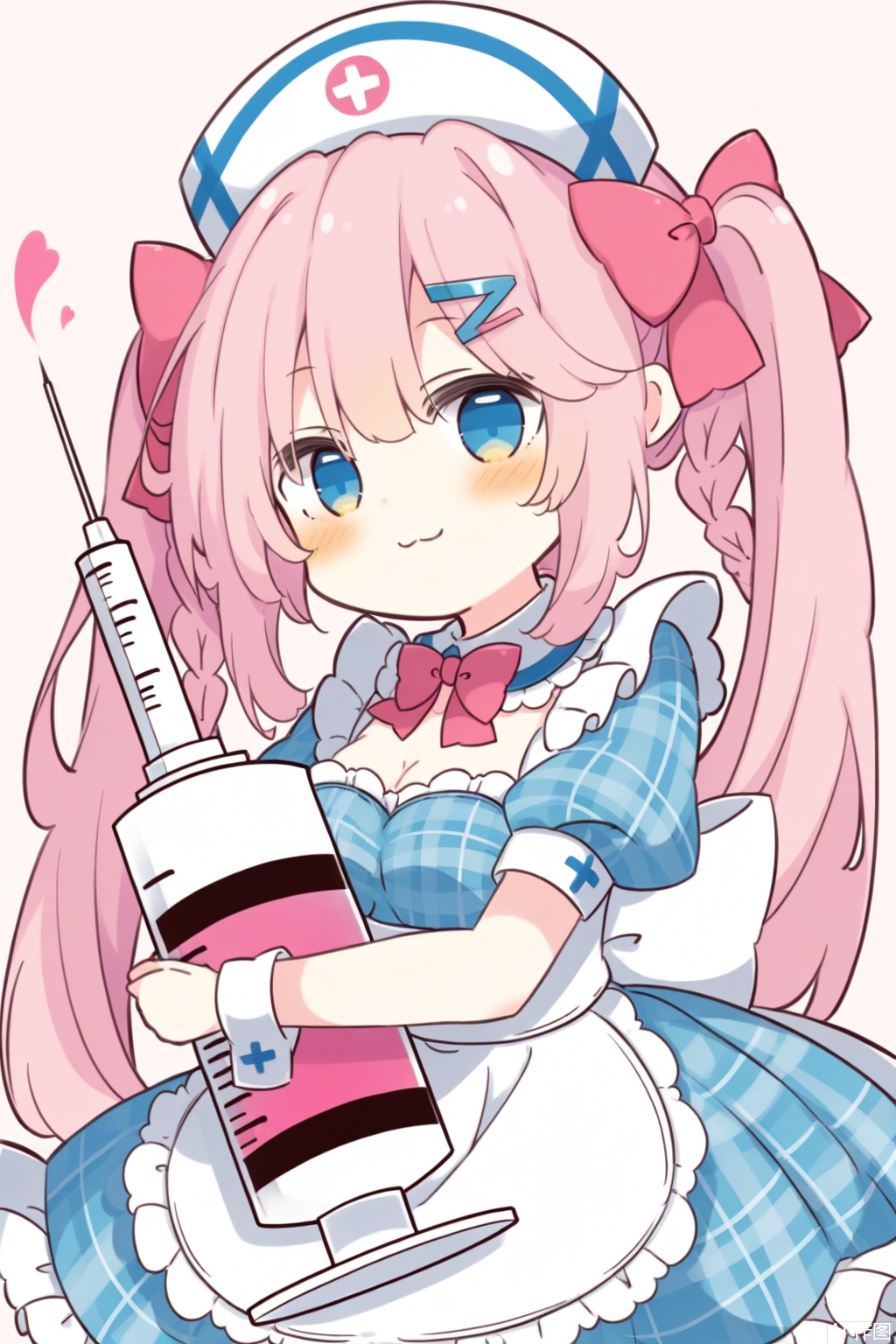 1girl, solo, dress, braid, bow, breasts, cleavage, pink_hair, hat, hair_ornament, oversized_object, long_hair, nurse_cap, :3, blush, twin_braids, blue_eyes, hairclip, blue_dress, puffy_sleeves, holding, hair_bow, food, short_sleeves, white_apron, looking_at_viewer, puffy_short_sleeves, smile, closed_mouth, medium_breasts, frills, apron, syringe, wrist_cuffs, twintails, very_long_hair, frilled_dress, pink_bow, plaid, hugging_object, detached_collar, sidelocks
