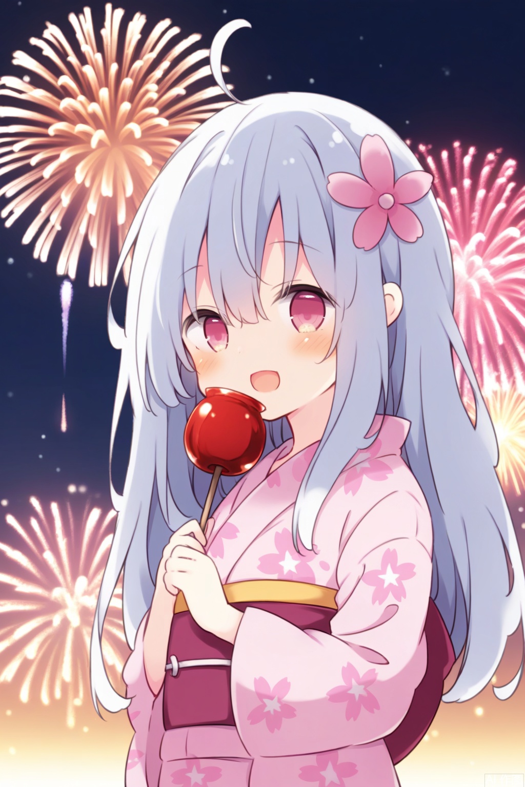 1girl, solo, kimono, food, candy_apple, japanese_clothes, hair_ornament, flower, ahoge, smile, hair_flower, looking_at_viewer, holding, white_hair, open_mouth, long_hair, floral_print, holding_food, sash, obi, hair_between_eyes, blurry, pink_kimono, :d, night, pink_flower, wide_sleeves, fireworks, print_kimono