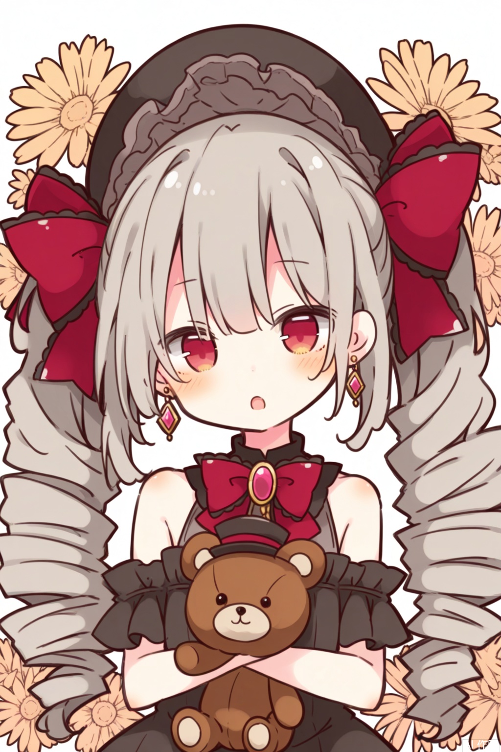 1girl, stuffed_toy, solo, stuffed_animal, jewelry, looking_at_viewer, teddy_bear, earrings, long_hair, hat, gem, black_headwear, frills, upper_body, flower, holding, grey_hair, holding_stuffed_toy, bow, red_eyes, open_mouth, bare_shoulders, dress, twintails, drill_hair, hat_bow