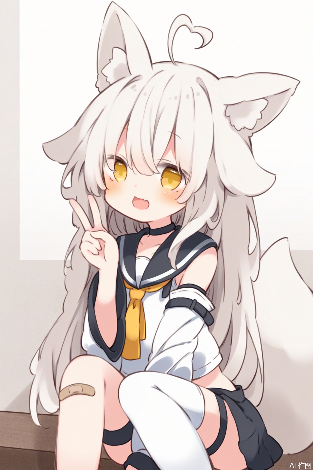 1girl, animal_ears, solo, thighhighs, white_hair, skirt, yellow_eyes, long_hair, tail, fox_ears, bandaid, looking_at_viewer, fox_girl, smile, ahoge, detached_sleeves, single_thighhigh, sailor_collar, fang, animal_ear_fluff, multicolored_hair, white_thighhighs, sitting, open_mouth, heart_ahoge, fox_tail, bandaid_on_leg, thigh_strap, v, between_legs, choker, hand_between_legs, shirt, very_long_hair