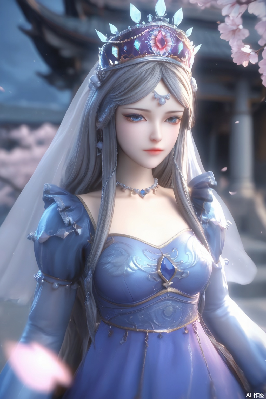 score_9,score_8_up,score_7_up,1girl,solo,long hair,grey hair,jewelry,crown,looking at viewer,long sleeves,dress,blue theme,blue dress,necklace,veil,Cherry Blossoms,petals,3d,realistic,blurry background