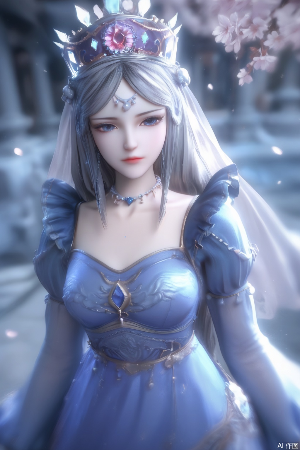score_9,score_8_up,score_7_up,1girl,solo,long hair,grey hair,jewelry,crown,looking at viewer,long sleeves,dress,blue theme,blue dress,necklace,veil,Cherry Blossoms,petals,3d,realistic,blurry background