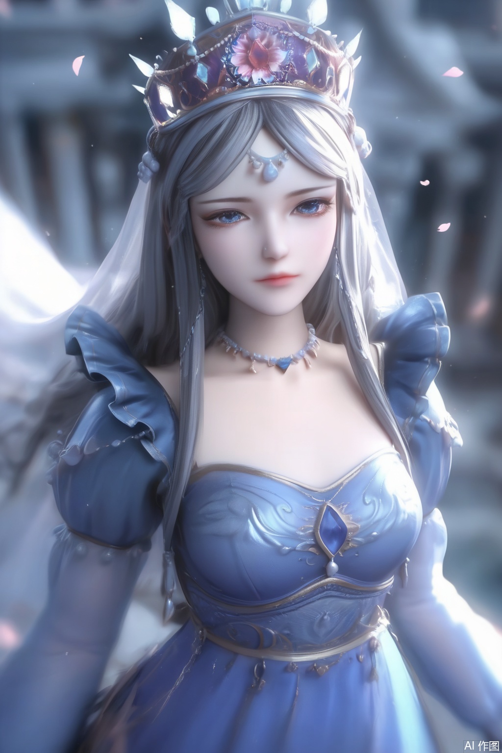 score_9,score_8_up,score_7_up,1girl,solo,long hair,grey hair,jewelry,crown,looking at viewer,long sleeves,dress,blue theme,blue dress,necklace,veil,Cherry Blossoms,petals,3d,realistic,blurry background