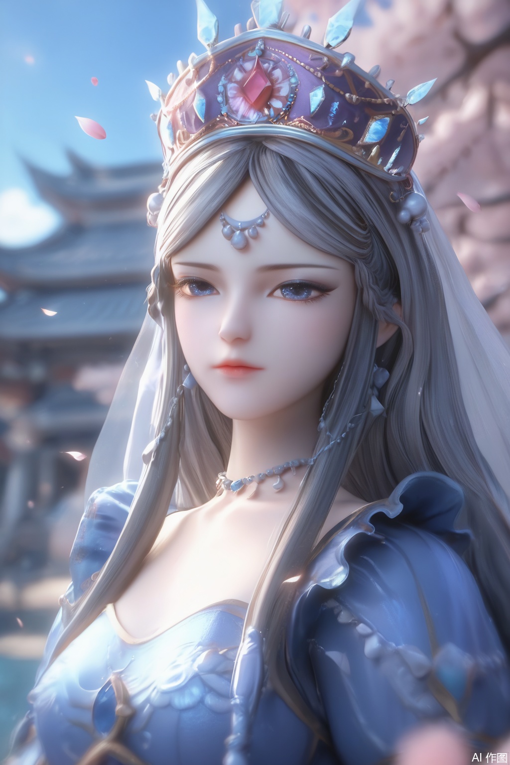 score_9,score_8_up,score_7_up,1girl,solo,long hair,grey hair,jewelry,crown,looking at viewer,long sleeves,dress,blue theme,blue dress,necklace,veil,Cherry Blossoms,petals,3d,realistic,blurry background