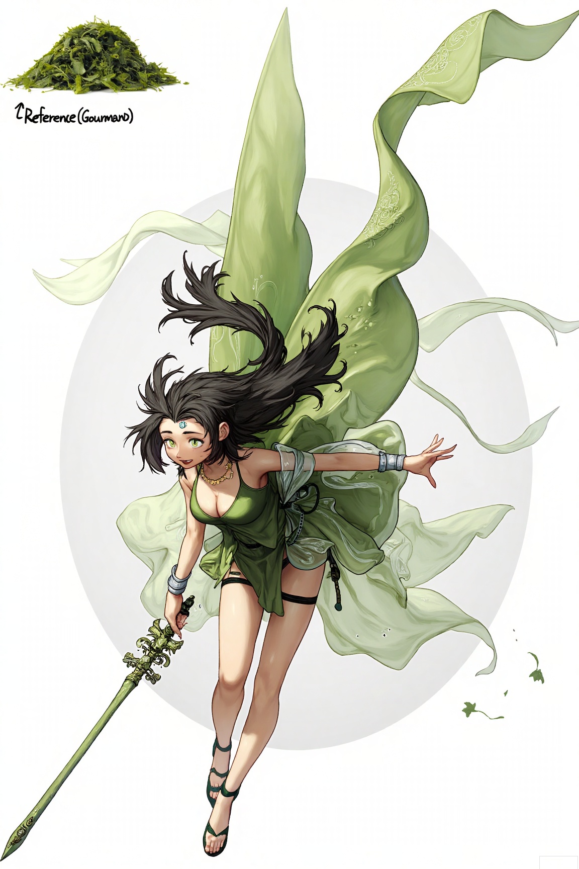The image depicts a fantastical character with large, flowing green wings, resembling those of a butterfly or a dragonfly. The character is adorned with intricate, swirling patterns on their dress, which is also green, matching the overall color scheme. The character's hair is dark and voluminous, styled in a way that complements the whimsical nature of the scene. The character is holding a sword, suggesting a fantasy or mythical theme. In the background, there is a small inset image labeled "Reforce (Gourmand)," which appears to be a pile of green, leafy material, possibly representing a type of herb or plant. The background is plain, allowing the character and the inset to stand out prominently.