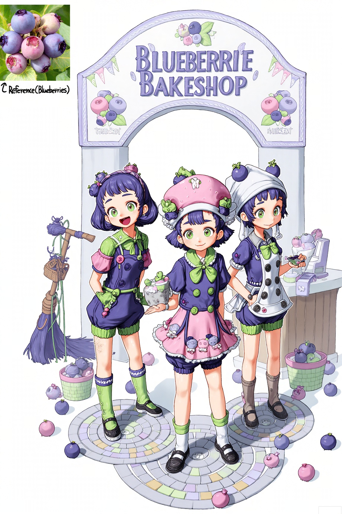 The image depicts three animated characters dressed in blueberry-themed outfits, standing in front of a "Blueberry Bakeshop" sign. The characters are wearing various accessories, such as buttons, bows, and hats adorned with blueberries. They are surrounded by a cobblestone path and scattered blueberries. To the left, there is a broom and a basket with more blueberries. The background includes a small counter with a cash register and a display of more blueberries. The overall scene is vibrant and whimsical, with a focus on the blueberry theme.