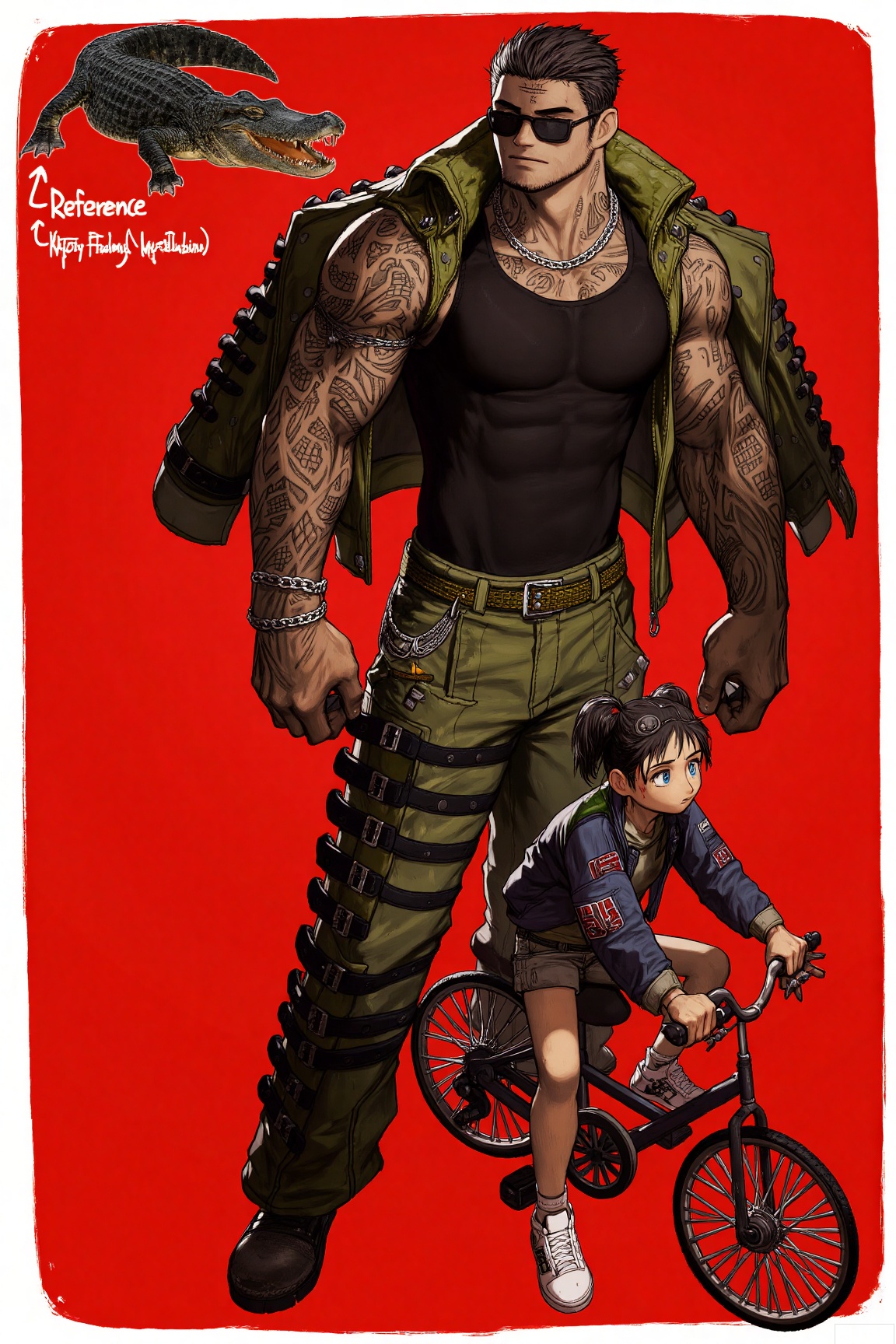 The image depicts a large, muscular character with tattoos and a rugged appearance, wearing a sleeveless black shirt, green vest, and pants with rivets. He has a chain necklace and a confident stance. Beside him is a smaller, younger character riding a bicycle, dressed in a blue jacket with a red emblem and white sneakers. The background is a solid red color, and there is a large alligator illustration in the top left corner. The text in the image reads "Kittenman (Causela Day-in-the-Sun)" in stylized font.
