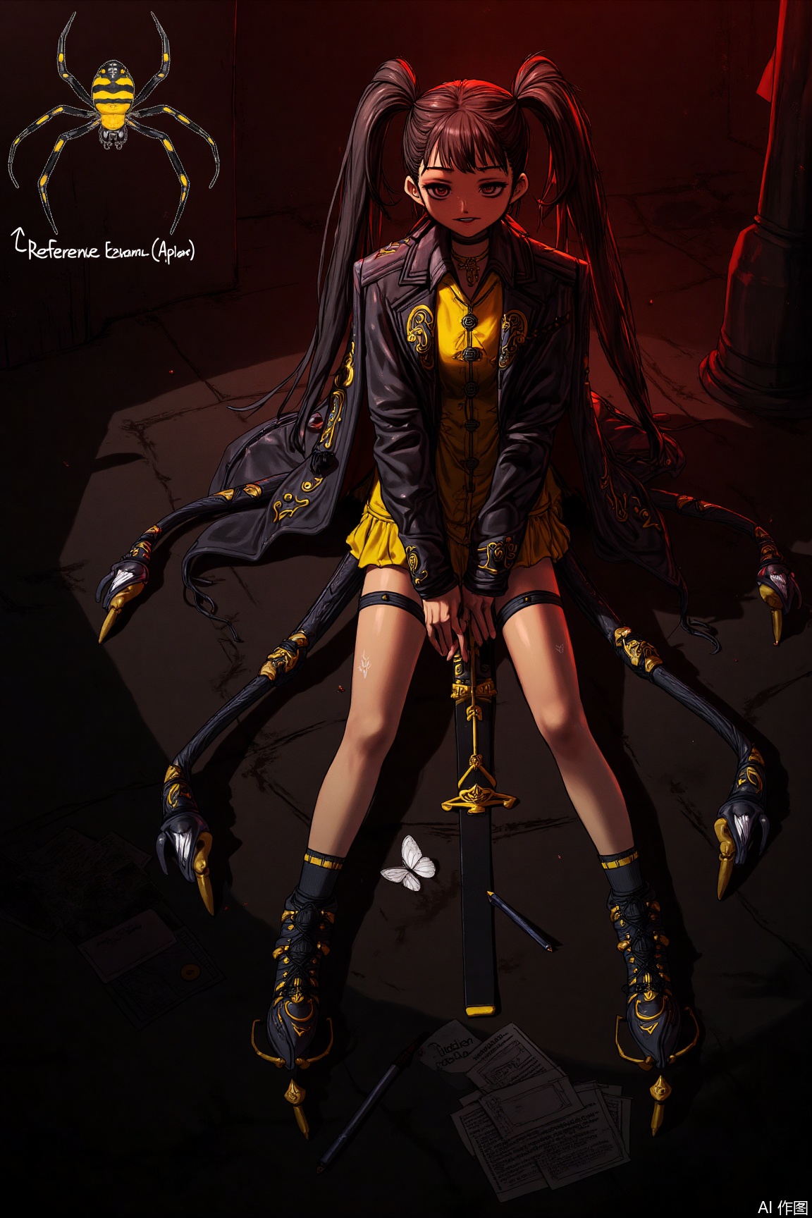 The image depicts a stylized, anime-inspired character sitting on the ground. The character has long black hair tied into twin tails, and they are wearing a black and yellow outfit with intricate details, including a jacket with golden accents and a skirt. The character also has multiple legs, each ending in a large, black, spider-like appendage with golden tips. They are holding a sword in their right hand and have a small, white butterfly near their feet. The background is dark, with a red hue, and there are scattered objects like papers and a pencil on the ground. To the left of the character, there is a small illustration of a bee labeled "Reference (Bee Apis)."