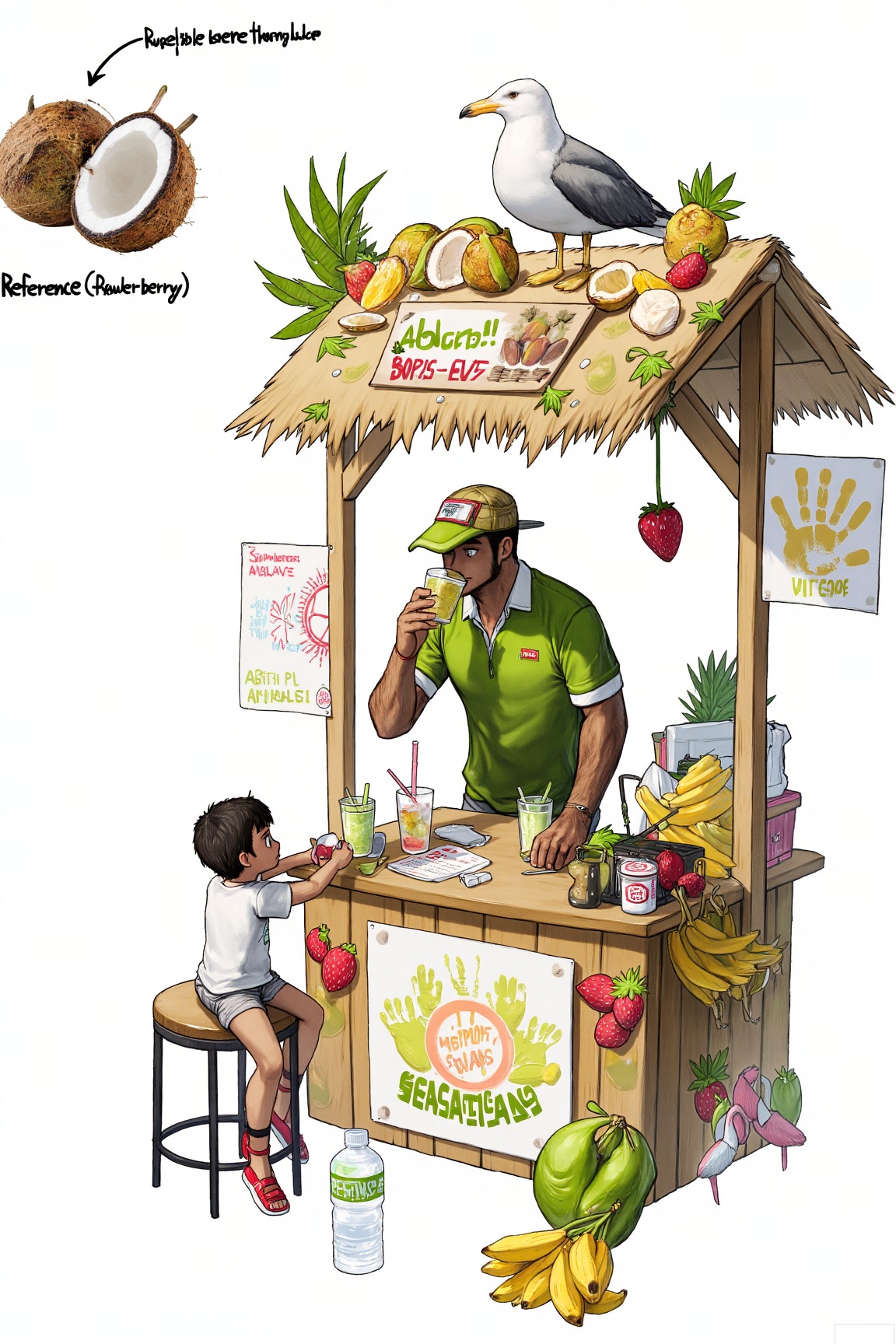 The image depicts a vibrant scene of a fruit juice stand, likely located in a tropical or coastal area, as suggested by the presence of coconuts and a seagull perched on the stand's roof. The stand is made of wood and has a thatched roof, giving it a rustic, natural appearance. A sign above the stand reads "Welcome!" and includes a phone number, indicating that the vendor is available for customer inquiries. The stand is adorned with various fruits, including coconuts, bananas, and strawberries, which are displayed on the counter. A man, dressed in a green shirt and cap, is standing behind the counter, holding a drink for a child who is seated on the left side of the stand. The child is wearing a white shirt and red shoes, and they are also holding a drink. The stand has a sign that reads "Holing Summer" and features a handprint design. There is a bottle of water placed on the ground to the left of the stand, and a small stool is visible on the right side, suggesting a place for customers to sit. The overall atmosphere of the image is cheerful and inviting, with a focus on fresh, tropical fruits and a warm, welcoming environment.