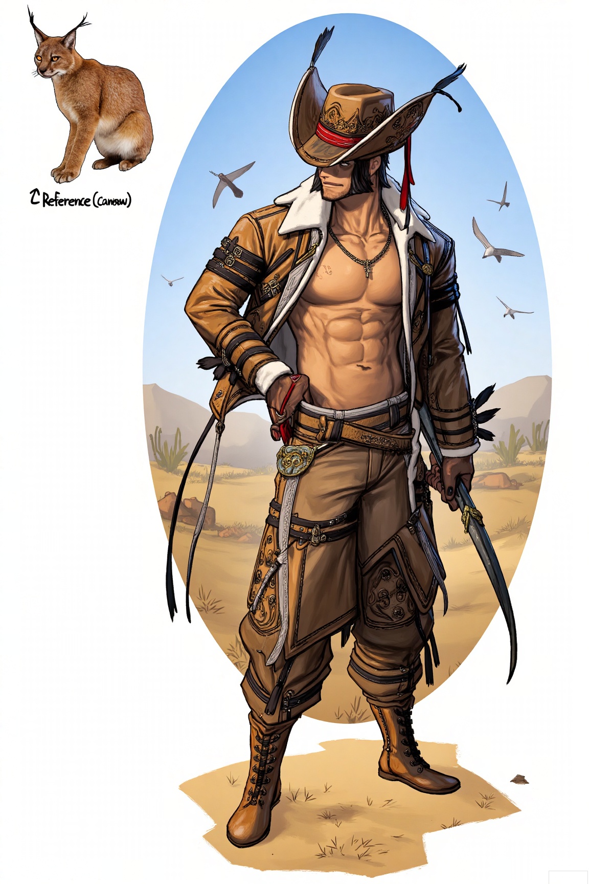The image depicts a stylized, anthropomorphic character standing in a desert landscape. The character is muscular, wearing a wide-brimmed hat adorned with feathers, a leather jacket, and pants with intricate designs. He is holding a weapon, possibly a sword or dagger, in his right hand. The background shows a vast, sandy terrain with distant mountains and a flock of birds flying in the sky. On the left side of the image, there is a small illustration of a lynx, labeled "C. Kittenorev Canov." The overall style is vibrant and detailed, with a focus on the character's rugged and adventurous appearance.