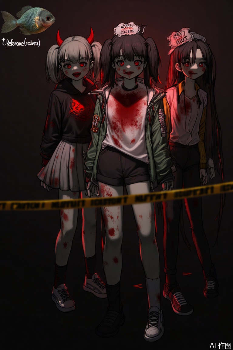 The image depicts three stylized characters standing in front of a dark background. They are dressed in a mix of casual and edgy clothing, with noticeable blood-like stains on their clothes and skin. The character on the left has short gray hair tied into pigtails with red devil horns, wearing a black hoodie with a red symbol on the chest and a skirt. The middle character has long black hair and is wearing a white shirt with a large red symbol on the chest, a green jacket, and black shorts. The character on the right has long black hair and is wearing a white shirt with a yellow collar, black pants, and black boots. They are all standing behind a yellow caution tape that reads "KEEP OUT." The character on the left has a small fish-shaped object with a red symbol on its side, and the middle character has a white and red symbol on their headband. The overall scene has a dark and eerie atmosphere, with red lighting enhancing the dramatic effect.,dcpzst