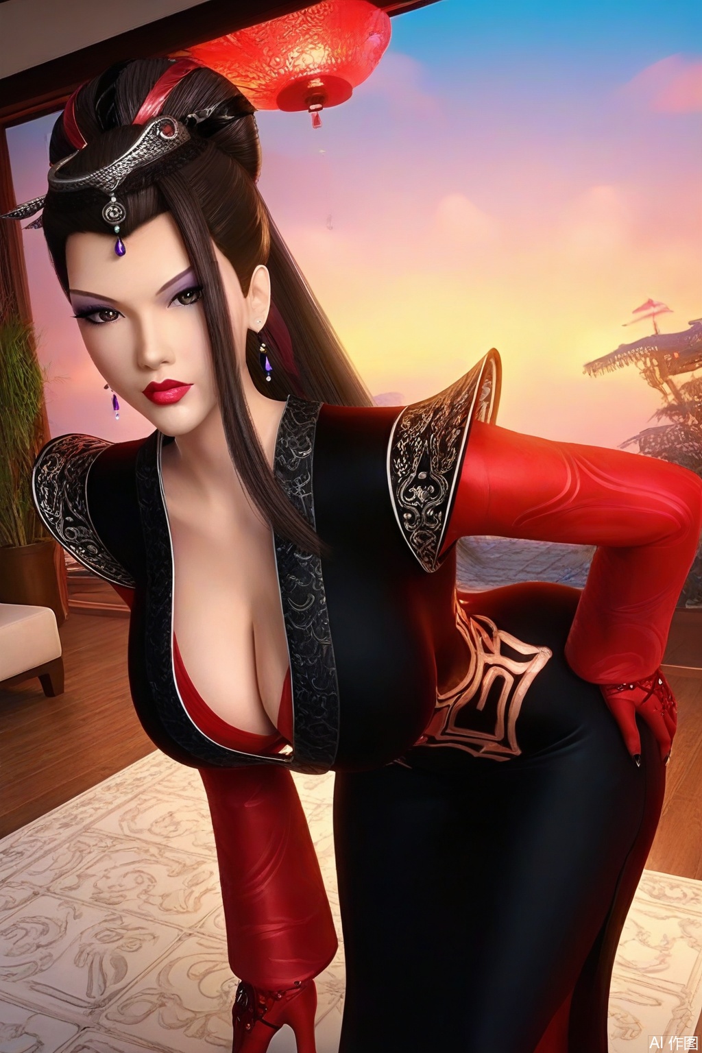 score_9_up,score_8_up,DSM,1girl, solo, long hair, huge breasts, deep cleavage,brown hair, black hair, hair ornament,standing,bending over, black and red dress,chinese clothes, pantyhos,long sleeves,jewelry, earrings, sky, makeup, red gloves,lipstick,looking_at_viewer,indoor,living room,tile floor,modern,low neckline