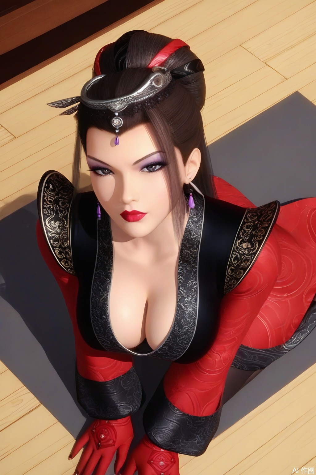 score_9_up,score_8_up,DSM,from above,1girl, solo, long hair, huge breasts, cleavage,brown hair, black hair, hair ornament,kneeling&setting on floot, on all fours, dress,chinese clothes, long sleeves,jewelry, earrings, sky, makeup, red gloves,lipstick,looking_at_viewer