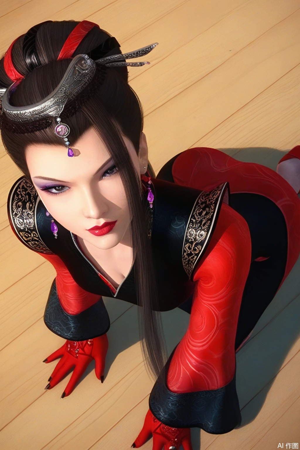 score_9_up,score_8_up,DSM,from above,1girl, solo, long hair, breasts, brown hair, black hair, hair ornament,kneeling&setting on floot, on all fours, dress,chinese clothes, jewelry, earrings, sky, makeup, red gloves,lipstick,looking_at_viewer