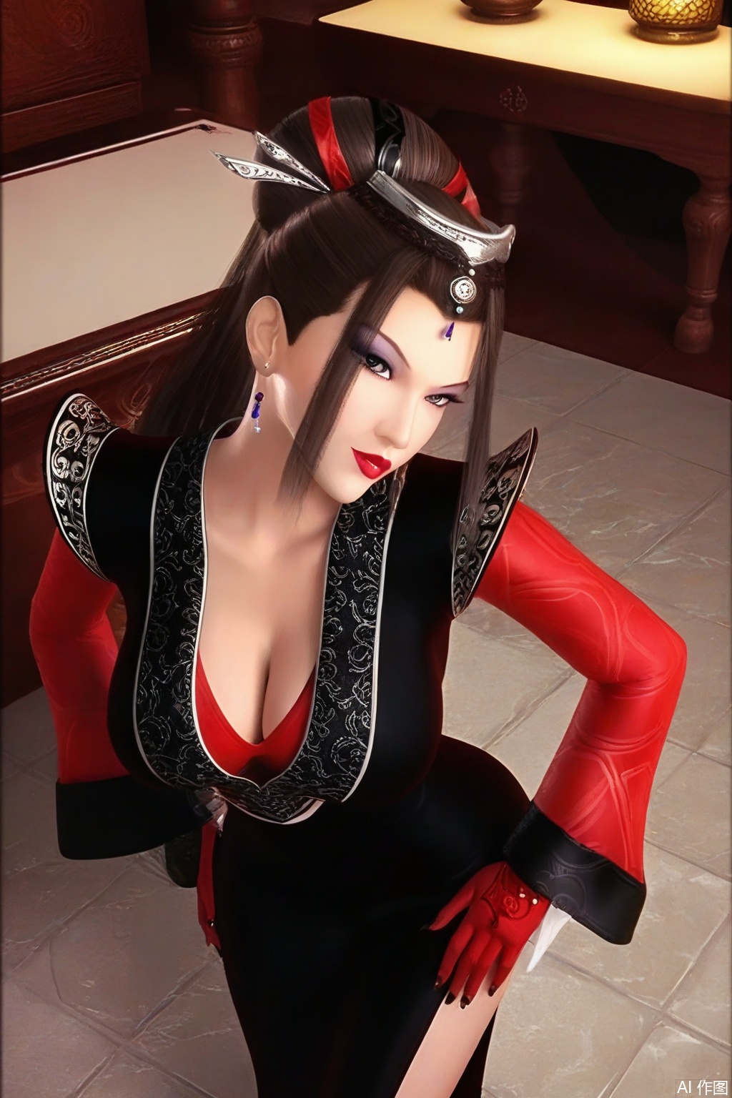 score_9_up,score_8_up,DSM,1girl, solo, long hair, huge breasts, deep cleavage,brown hair, black hair, hair ornament,standing,bending over,Supporting the table with hands,table ,black and red dress,chinese clothes, pantyhos,long sleeves,jewelry, earrings, sky, makeup, red gloves,lipstick,looking_at_viewer,indoor,hotel,tile floor,modern,low neckline