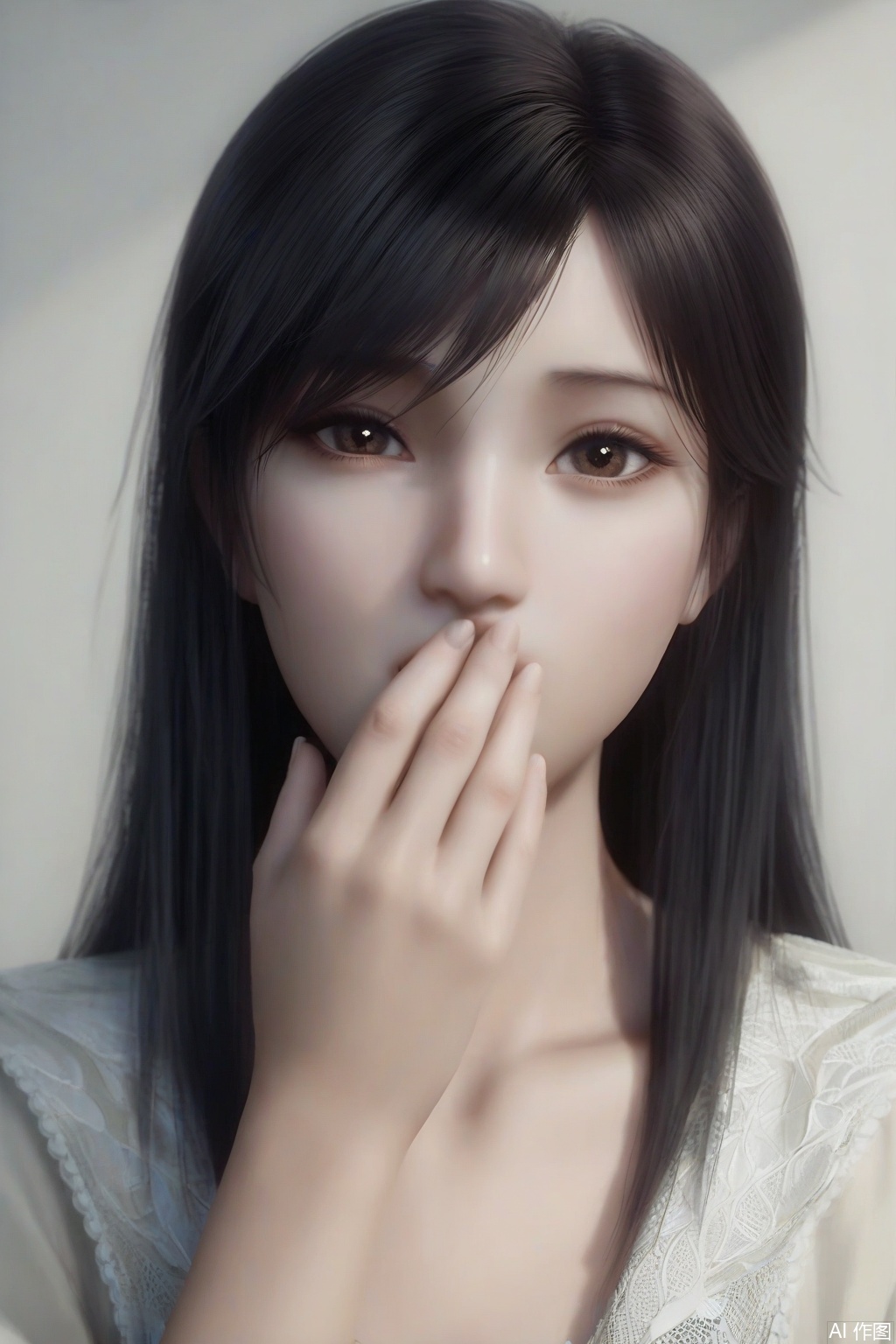 score_9_up,score_8_up,XuXin,1girl, solo, long hair, looking at viewer, bangs, black hair, brown eyes, collarbone, upper body, black eyes, lips, realistic, covering mouth, hand to own mouth