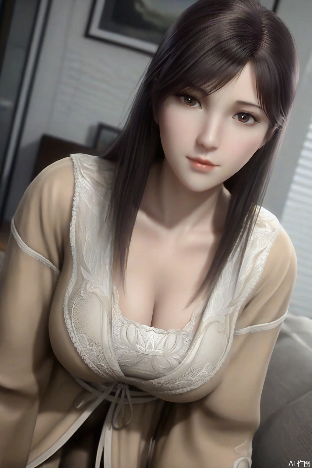 score_9_up,score_8_up,XuXin,(peeking angle of view),all fours,1girl, solo, long hair, huge breasts,cleavage, black hair, deep cleavage,brown dress,long sleeves,brown eyes,looking_at_viewer ,living room,realistic,tiles,