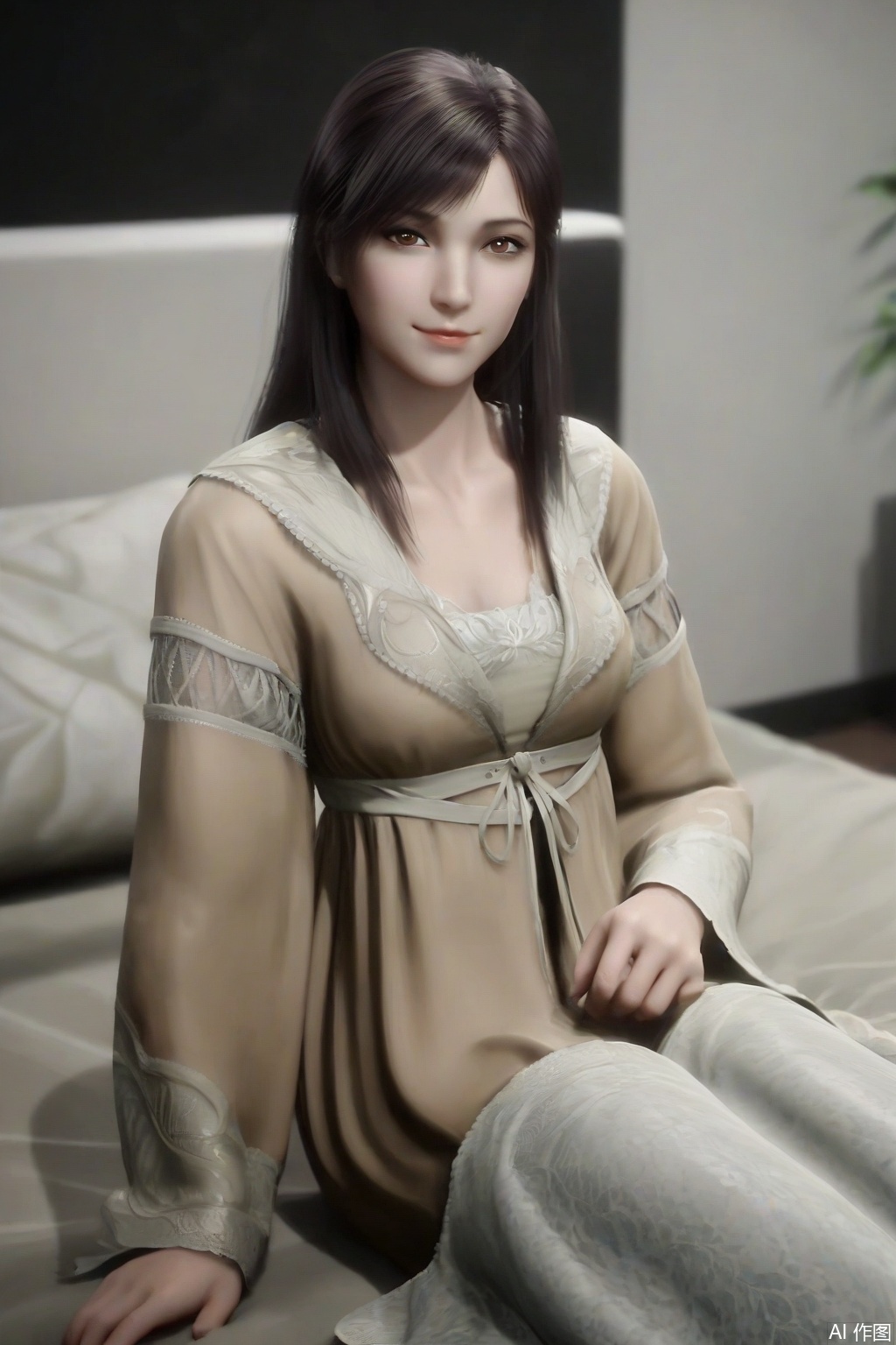 score_9_up,score_8_up,XuXin,1girl, solo, long hair, breasts, looking at viewer,light smile, brown hair, black hair, long sleeves, dress, brown eyes, sitting,on bed,blanket, realistic, brown dress