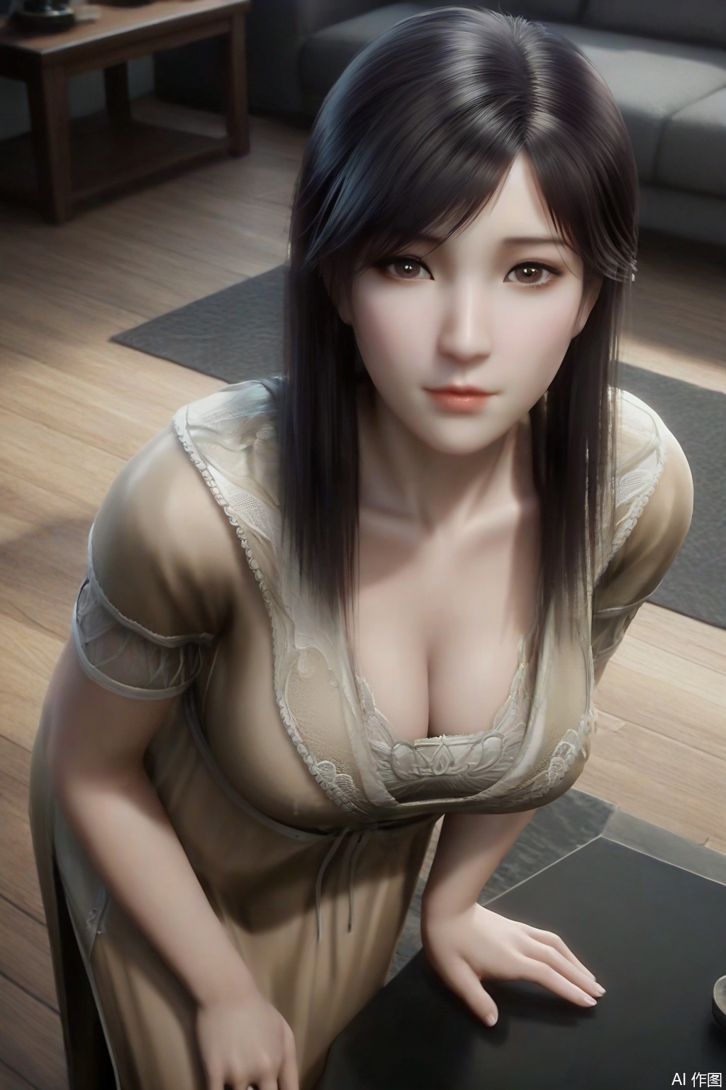 score_9_up,score_8_up,XuXin,from above,1girl, solo, long hair,big breasts,cleavage, black hair, standing,table,hands on table,bending over,deep cleavage,brown dress, chinese clothes,brown eyes,looking_at_viewer ,living room,realistic,tiles