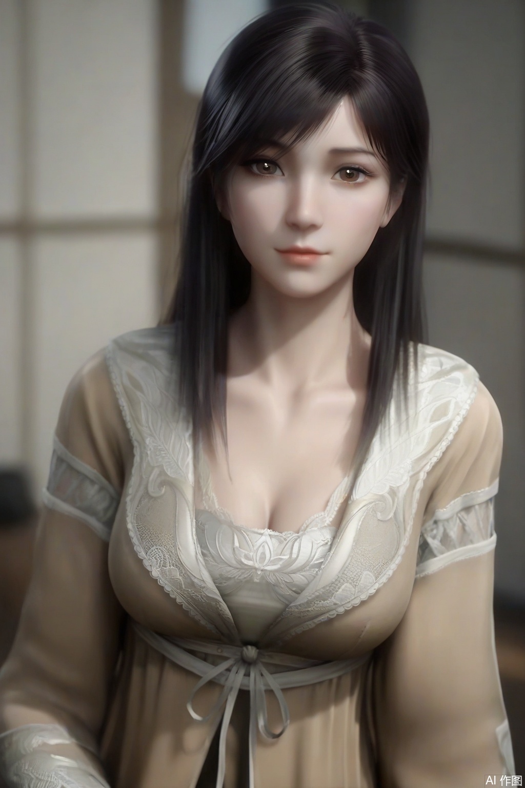 score_9_up,score_8_up,XuXin,1girl, solo, long hair, big breasts, looking at viewer, black hair, long sleeves,brown dress, cleavage, brown eyes, realistic