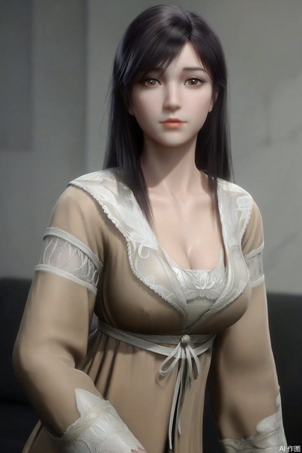 score_9_up,score_8_up,XuXin,1girl, solo, long hair, big breasts, looking at viewer, black hair, long sleeves,brown dress, cleavage, brown eyes, realistic