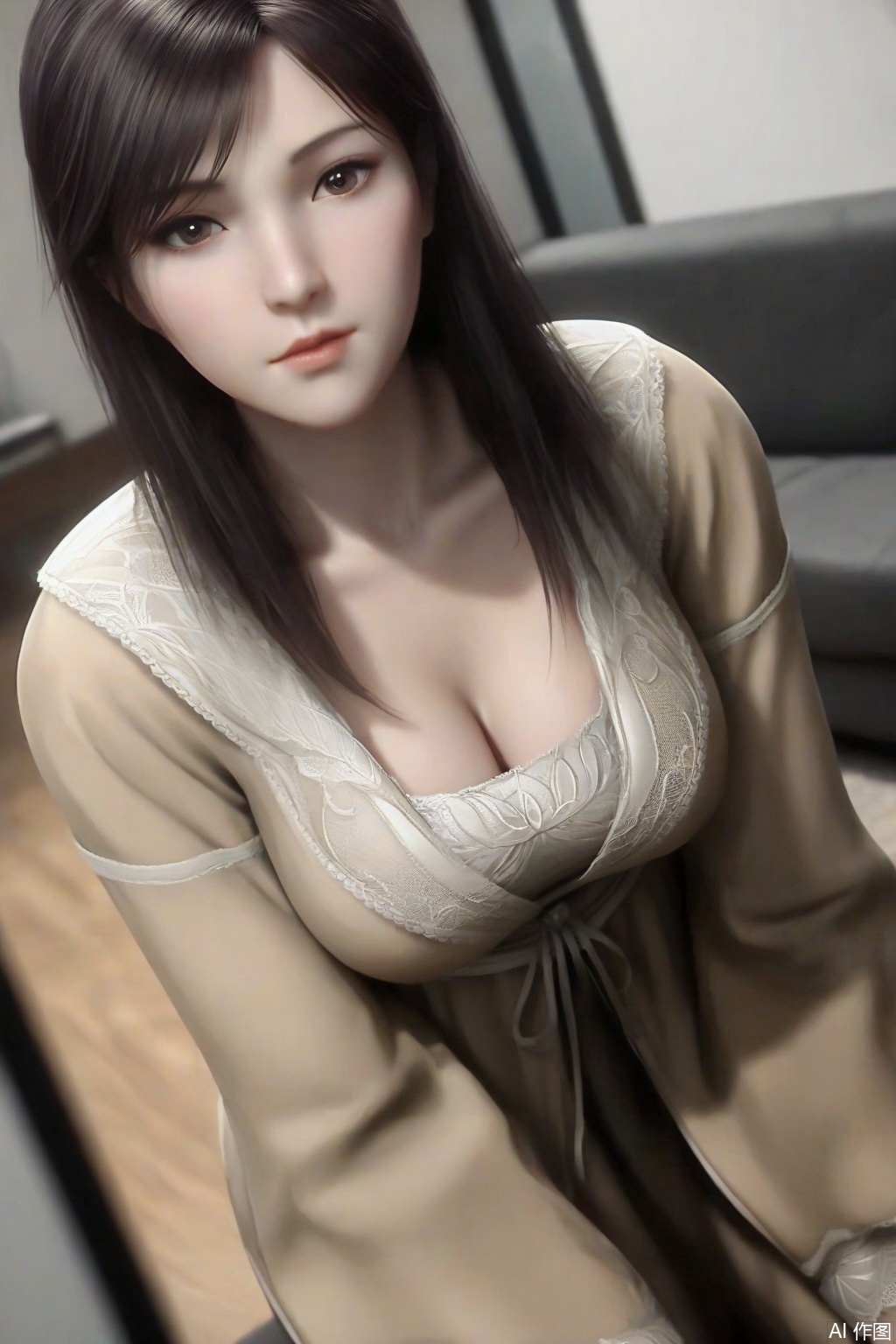 score_9_up,score_8_up,XuXin,(peeking angle of view),all fours,1girl, solo, long hair, huge breasts,cleavage, black hair, deep cleavage,brown dress,long sleeves,brown eyes,looking_at_viewer ,living room,realistic,tiles,