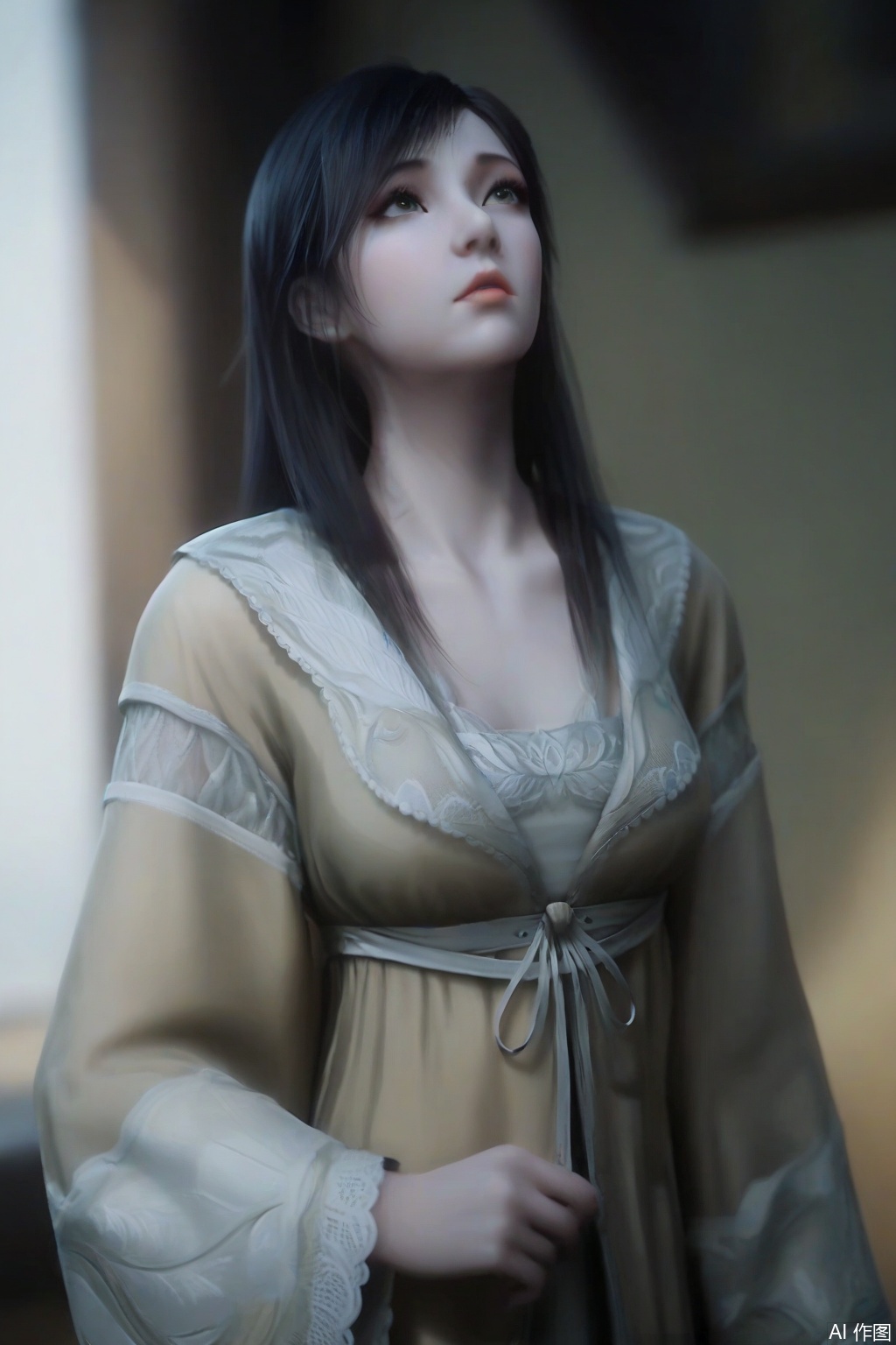 score_9_up,score_8_up,XuXin,1girl, solo, long hair, breasts, black hair, long sleeves, dress, upper body, wide sleeves, lips, blurry background, looking up, pale skin, realistic,