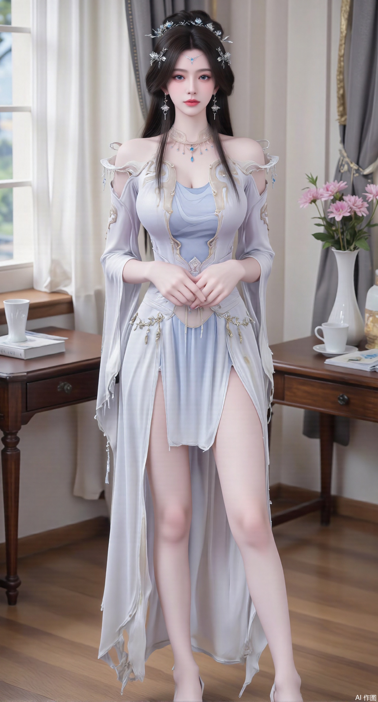 Ultra clear, wallpaper, 8k, masterpiece, 1girl, solo, long hair, breasts, looking at viewer, bangs, large breasts,long dress,, bare shoulders, jewelry, black hair, standing, purple eyes, full body, flower, thighs, indoors, hair bun, long dress, high heels, cup, see-through, book, bare legs, window, table, white footwear, standing on one leg, curtains, pink flower, side slit, vase, ,(huge breasts:2.99),(full breasts:2.99),phone screen,XanmiaoyiY,XhuolingerHHY,XwangqiuerKQW,Xxuenv,Xnanqiuqiu,Xhuangnv,XchuxuanerX,XchuxuanerXY,Xjuzi,XyunyunX,XqingnvzongZM,XanmiaoyiXY