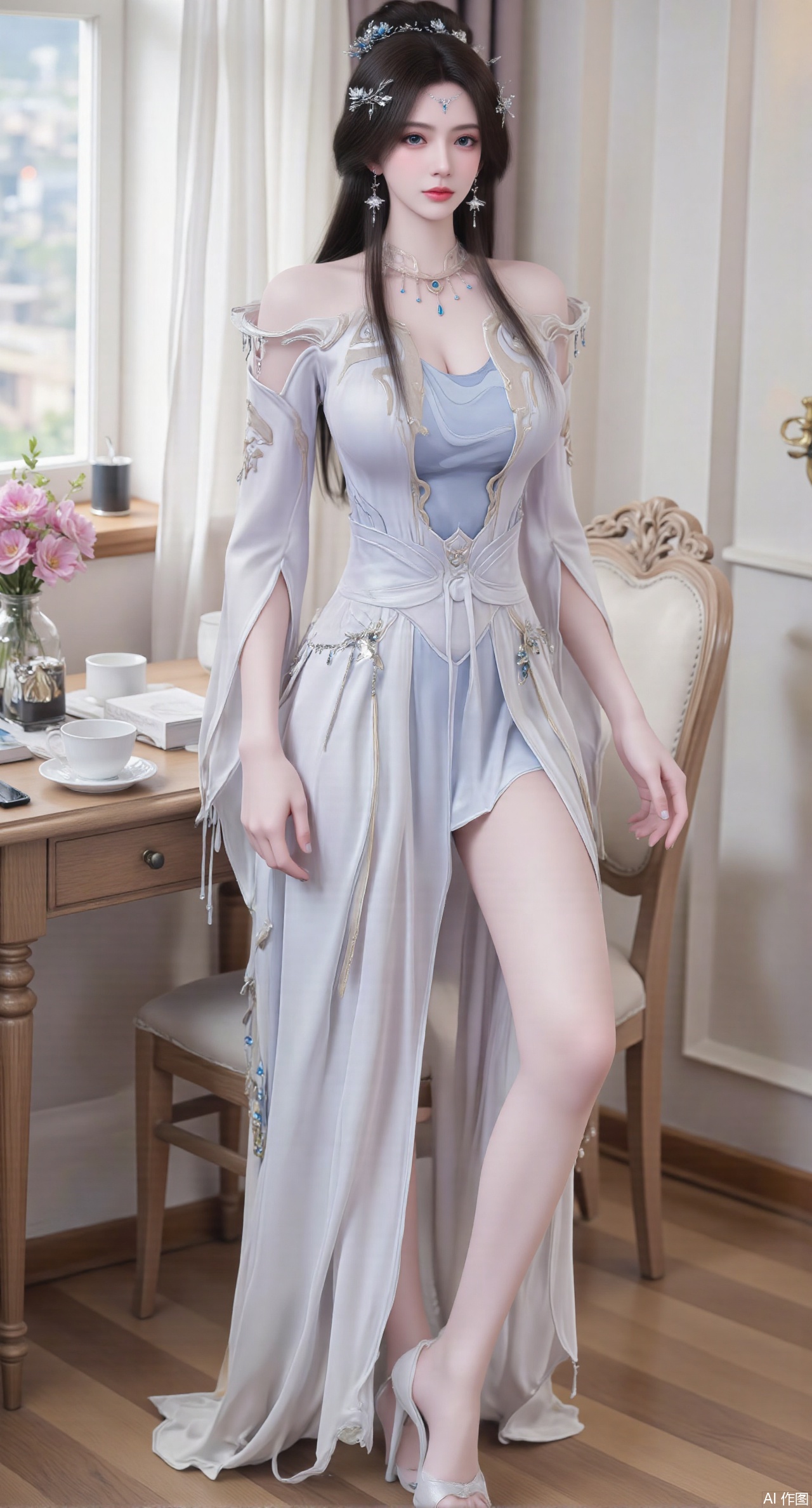 Ultra clear, wallpaper, 8k, masterpiece, 1girl, solo, long hair, breasts, looking at viewer, bangs, large breasts,long dress,, bare shoulders, jewelry, black hair, standing, purple eyes, full body, flower, thighs, indoors, hair bun, long dress, high heels, cup, see-through, book, bare legs, window, table, white footwear, standing on one leg, curtains, pink flower, side slit, vase, ,(huge breasts:2.99),(full breasts:2.99),phone screen,XanmiaoyiY,XhuolingerHHY,XwangqiuerKQW,Xxuenv,Xnanqiuqiu,Xhuangnv,XchuxuanerX,XchuxuanerXY,Xjuzi,XyunyunX,XqingnvzongZM,XanmiaoyiXY