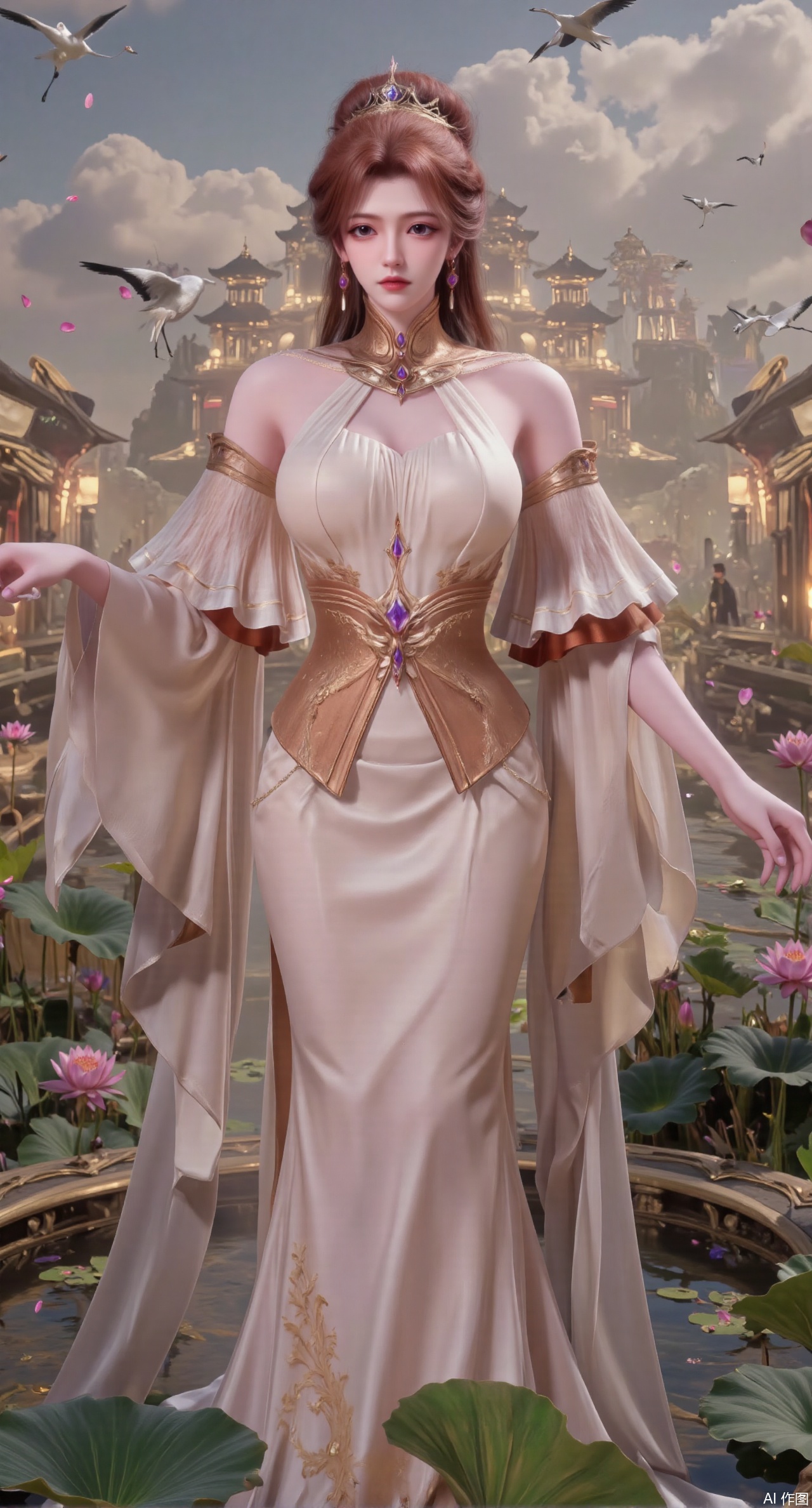 SFW,(masterpiece:1.2),best quality,1girl,solo,long hair,long dress,celestial maiden in flowing tulle gown levitates above lotus pond, ethereal mist trails from hair ribbons, mythical Penglai paradise emerges through clouds with glowing pavilions, translucent bioluminescent lotus blooms, flock of cranes gliding over water surface, ultra HD with soft 3D rendering, morning light filters through mist, falling petal rain, intricate details on scale-patterned fabric and lotus veins.(huge breasts:2.99),(full breasts:2.99),XanmiaoyiY,XhuolingerHHY,XwangqiuerKQW,Xxuenv,Xnanqiuqiu,Xhuangnv,XchuxuanerX,XchuxuanerXY,XyunyunX,XqingnvzongZM,XanmiaoyiXY,Xjuzi