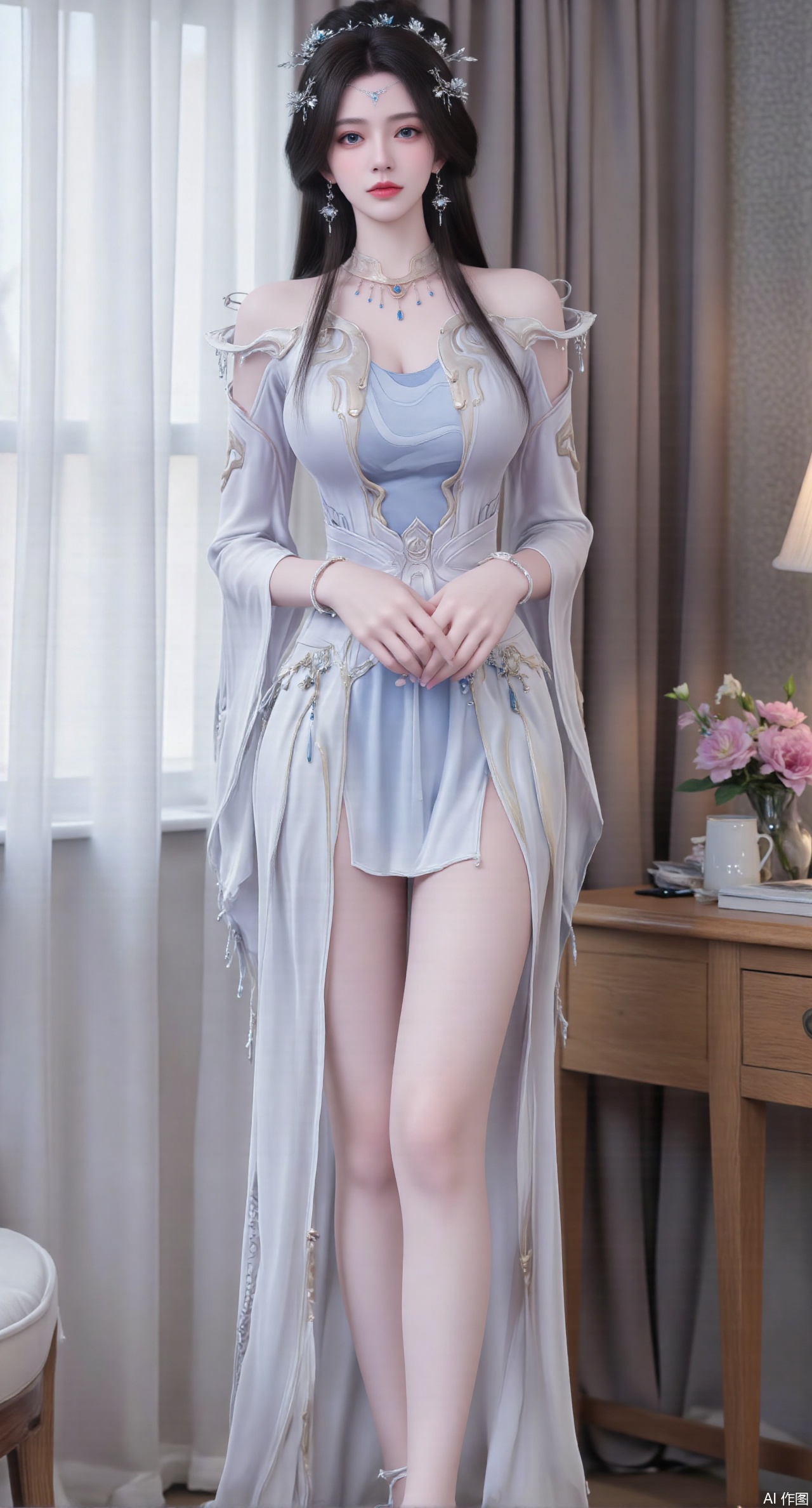 Ultra clear, wallpaper, 8k, masterpiece, 1girl, solo, long hair, breasts, looking at viewer, bangs, large breasts,long dress,, bare shoulders, jewelry, black hair, standing, purple eyes, full body, flower, thighs, indoors, hair bun, long dress, high heels, cup, see-through, book, bare legs, window, table, white footwear, standing on one leg, curtains, pink flower, side slit, vase, ,(huge breasts:2.99),(full breasts:2.99),phone screen,XanmiaoyiY,XhuolingerHHY,XwangqiuerKQW,Xxuenv,Xnanqiuqiu,Xhuangnv,XchuxuanerX,XchuxuanerXY,Xjuzi,XyunyunX,XqingnvzongZM,XanmiaoyiXY
