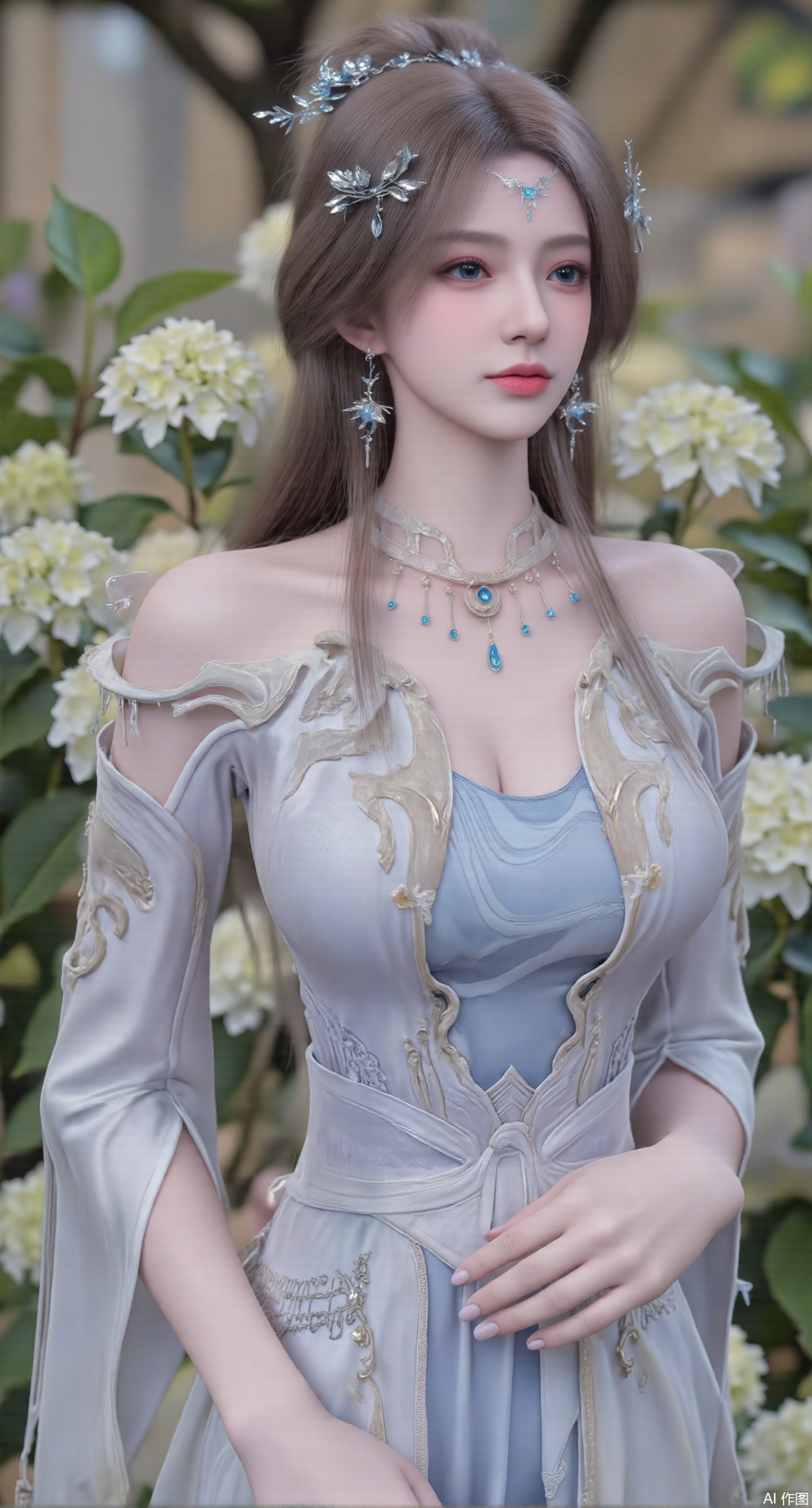  SFW,(masterpiece:1.2),best quality,absurdres,masterpiece,original,extremely detailed wallpaper,perfect lighting,1girl,solo,looking at viewer,(cowboy_shot:1.3),long hair,high heels,blurry background,depth of field,motion blur,(long dress:1.23),china_dress,chinese_style,bare shouders,crystal_earrings,headpiece,hair_tie,chest_jewel,gem,necklace,jewelry,in summer,day,outdoors,nature,garden,,(standing,Hydrangea, Hydrangea Field:1.59),(huge breasts:2.99),(full breasts:2.99),Xzhihua,Xsiyouyou,Xyanruyu,Xmoxiaonan,Xyeqingxian,Xyunwangshu,XlishaoyinY,Xxiaowu,Xyusanniang,XhuolingerHHY,Xwangqiuer,Xxuenv,XyunyunX,XqingnvzongZM,Xshangguanweier,XanmiaoyiXY