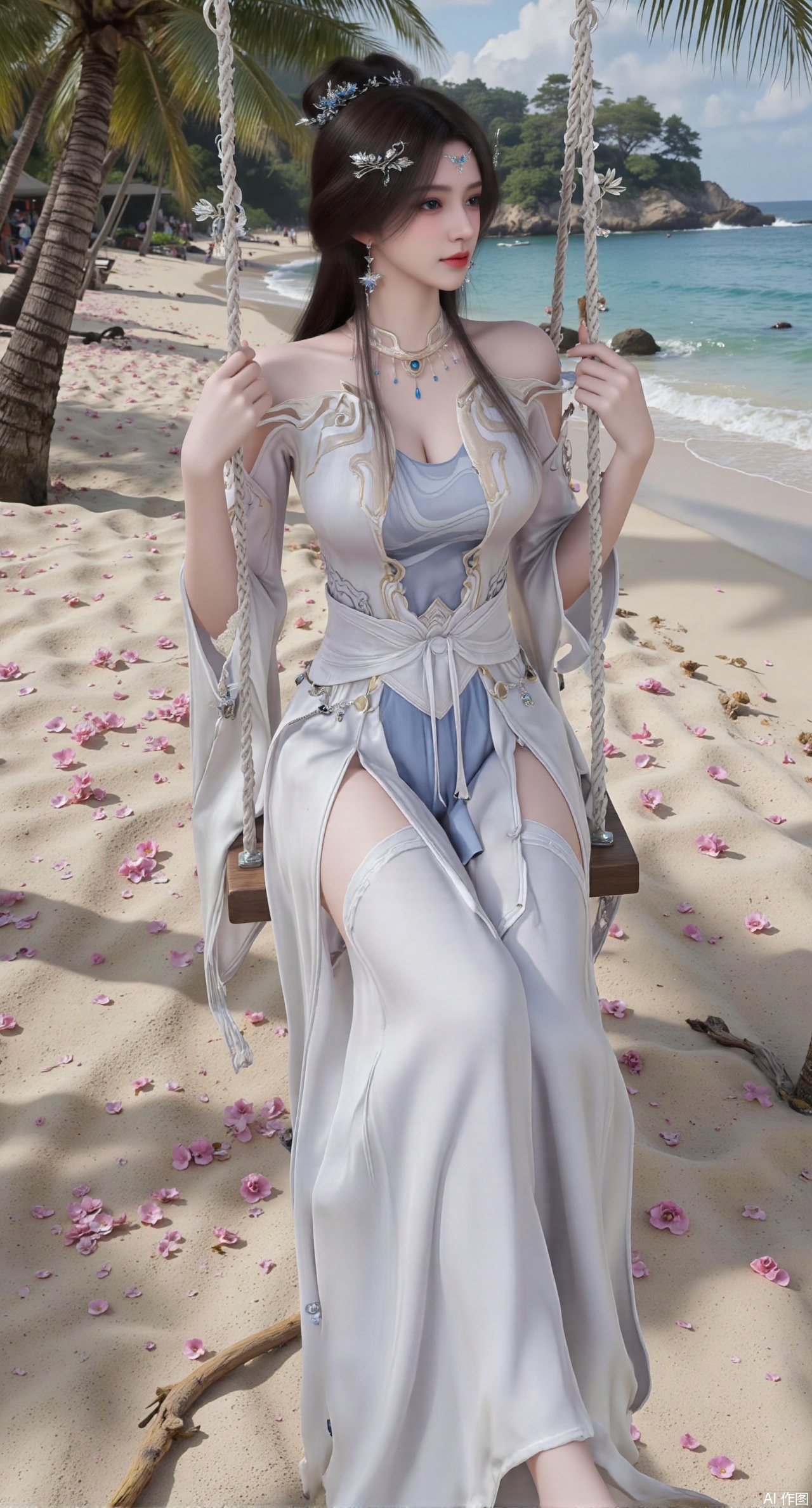 SFW,(masterpiece:1.2),best quality,absurdres,masterpiece,original,extremely detailed wallpaper,perfect lighting,Golden sandy beach covered with vibrant flowers, turquoise waves gently lapping the shore, elegant woman in embroidered qipao swinging on a wooden swing under coconut trees, bright flower clusters spreading from sand to palm tree roots, soft natural light filtering through coconut leaves, ocean breeze lifting hair and qipao hem, high-resolution details showcasing petal textures and silk fabric sheen, ultra-wide angle lens capturing coastline panorama, cinematic color grading with soft focus on the central figure,(huge breasts:2.99),(full breasts:2.99),Xanmiaoyi,Xyunwangshu,XlishaoyinY,Xbaixue,XanmiaoyiY,Xxiuqiuhua,XbaiyuerongY,XyunyunX,XqingnvzongZM,Xjuzi,Xshangguanweier,XanmiaoyiXY