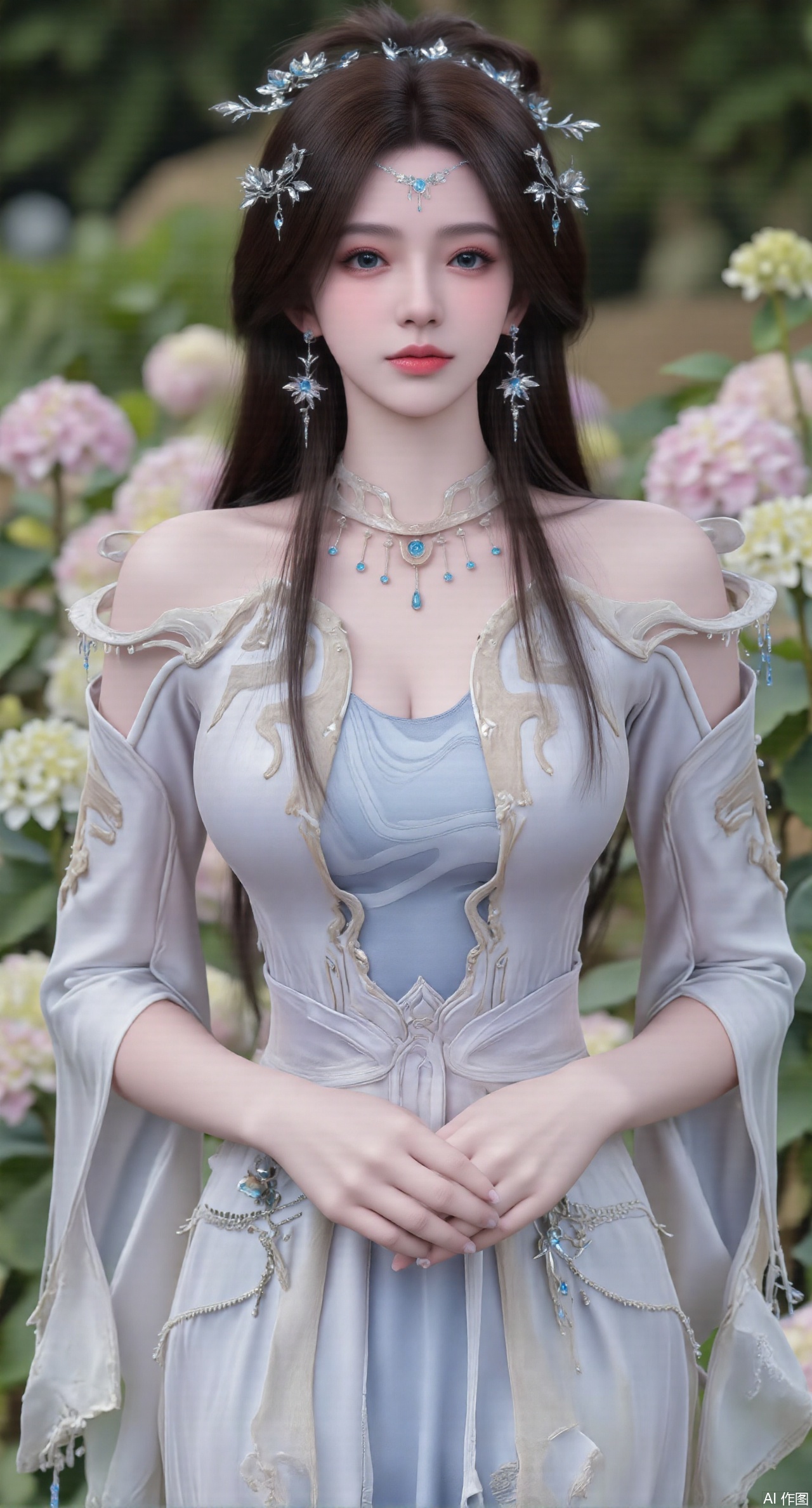  SFW,(masterpiece:1.2),best quality,absurdres,masterpiece,original,extremely detailed wallpaper,perfect lighting,1girl,solo,looking at viewer,(cowboy_shot:1.3),long hair,high heels,blurry background,depth of field,motion blur,(long dress:1.23),china_dress,chinese_style,bare shouders,crystal_earrings,headpiece,hair_tie,chest_jewel,gem,necklace,jewelry,in summer,day,outdoors,nature,garden,,(standing,Hydrangea, Hydrangea Field:1.59),(huge breasts:2.99),(full breasts:2.99),Xzhihua,Xsiyouyou,Xyanruyu,Xmoxiaonan,Xyeqingxian,Xyunwangshu,XlishaoyinY,Xxiaowu,Xyusanniang,XhuolingerHHY,Xwangqiuer,Xxuenv,XyunyunX,XqingnvzongZM,Xshangguanweier,XanmiaoyiXY