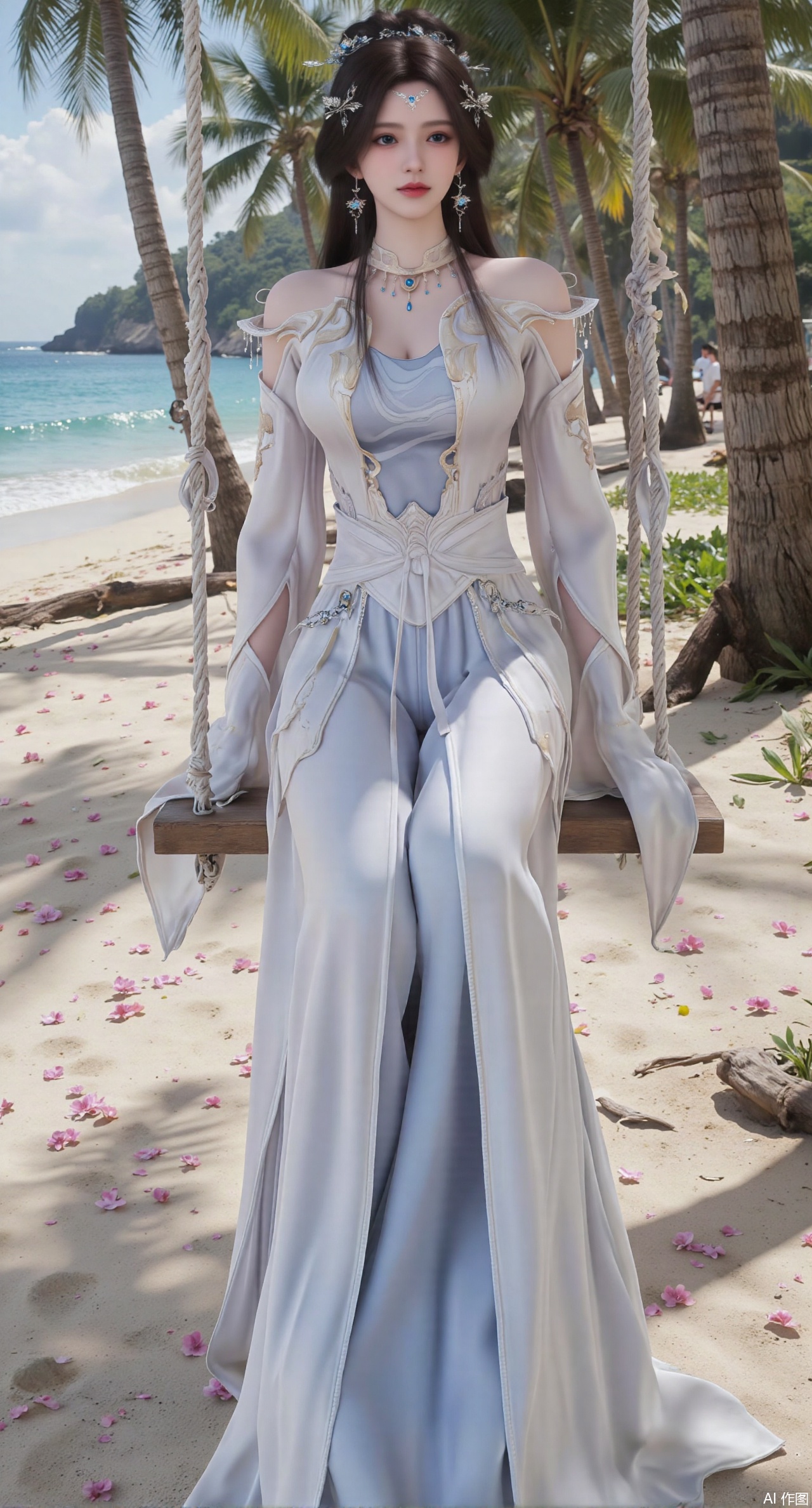  SFW,(masterpiece:1.2),best quality,absurdres,masterpiece,original,extremely detailed wallpaper,perfect lighting,Golden sandy beach covered with vibrant flowers, turquoise waves gently lapping the shore, elegant woman in embroidered qipao swinging on a wooden swing under coconut trees, bright flower clusters spreading from sand to palm tree roots, soft natural light filtering through coconut leaves, ocean breeze lifting hair and qipao hem, high-resolution details showcasing petal textures and silk fabric sheen, ultra-wide angle lens capturing coastline panorama, cinematic color grading with soft focus on the central figure,(huge breasts:2.99),(full breasts:2.99),Xanmiaoyi,Xyunwangshu,XlishaoyinY,Xbaixue,XanmiaoyiY,Xxiuqiuhua,XbaiyuerongY,XyunyunX,XqingnvzongZM,Xjuzi,Xshangguanweier,XanmiaoyiXY