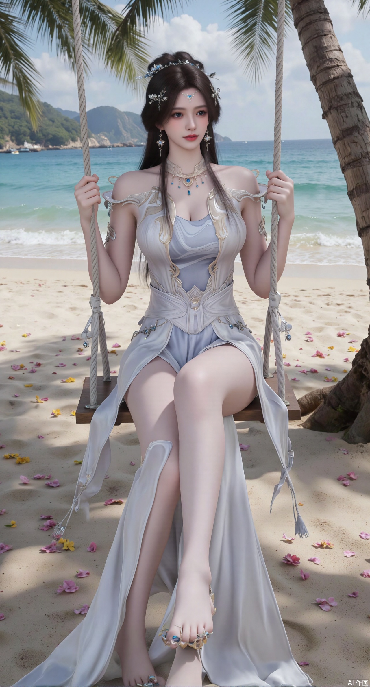  SFW,(masterpiece:1.2),best quality,absurdres,masterpiece,original,extremely detailed wallpaper,perfect lighting,Golden sandy beach covered with vibrant flowers, turquoise waves gently lapping the shore, elegant woman in embroidered qipao swinging on a wooden swing under coconut trees, bright flower clusters spreading from sand to palm tree roots, soft natural light filtering through coconut leaves, ocean breeze lifting hair and qipao hem, high-resolution details showcasing petal textures and silk fabric sheen, ultra-wide angle lens capturing coastline panorama, cinematic color grading with soft focus on the central figure,(huge breasts:2.99),(full breasts:2.99),Xanmiaoyi,Xyunwangshu,XlishaoyinY,Xbaixue,XanmiaoyiY,Xxiuqiuhua,XbaiyuerongY,XyunyunX,XqingnvzongZM,Xjuzi,Xshangguanweier,XanmiaoyiXY