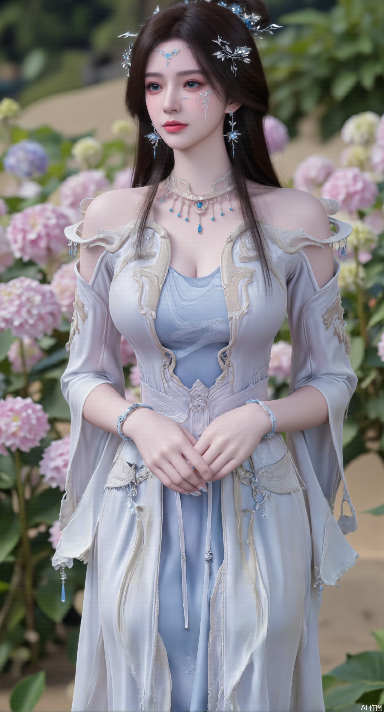  SFW,(masterpiece:1.2),best quality,absurdres,masterpiece,original,extremely detailed wallpaper,perfect lighting,1girl,solo,looking at viewer,(cowboy_shot:1.3),long hair,high heels,blurry background,depth of field,motion blur,(long dress:1.23),china_dress,chinese_style,bare shouders,crystal_earrings,headpiece,hair_tie,chest_jewel,gem,necklace,jewelry,in summer,day,outdoors,nature,garden,,(standing,Hydrangea, Hydrangea Field:1.59),(huge breasts:2.99),(full breasts:2.99),Xzhihua,Xsiyouyou,Xyanruyu,Xmoxiaonan,Xyeqingxian,Xyunwangshu,XlishaoyinY,Xxiaowu,Xyusanniang,XhuolingerHHY,Xwangqiuer,Xxuenv,XyunyunX,XqingnvzongZM,Xshangguanweier,XanmiaoyiXY
