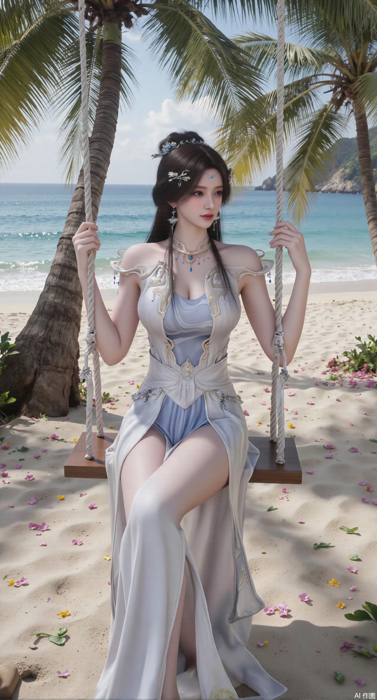  SFW,(masterpiece:1.2),best quality,absurdres,masterpiece,original,extremely detailed wallpaper,perfect lighting,Golden sandy beach covered with vibrant flowers, turquoise waves gently lapping the shore, elegant woman in embroidered qipao swinging on a wooden swing under coconut trees, bright flower clusters spreading from sand to palm tree roots, soft natural light filtering through coconut leaves, ocean breeze lifting hair and qipao hem, high-resolution details showcasing petal textures and silk fabric sheen, ultra-wide angle lens capturing coastline panorama, cinematic color grading with soft focus on the central figure,(huge breasts:2.99),(full breasts:2.99),Xanmiaoyi,Xyunwangshu,XlishaoyinY,Xbaixue,XanmiaoyiY,Xxiuqiuhua,XbaiyuerongY,XyunyunX,XqingnvzongZM,Xjuzi,Xshangguanweier,XanmiaoyiXY