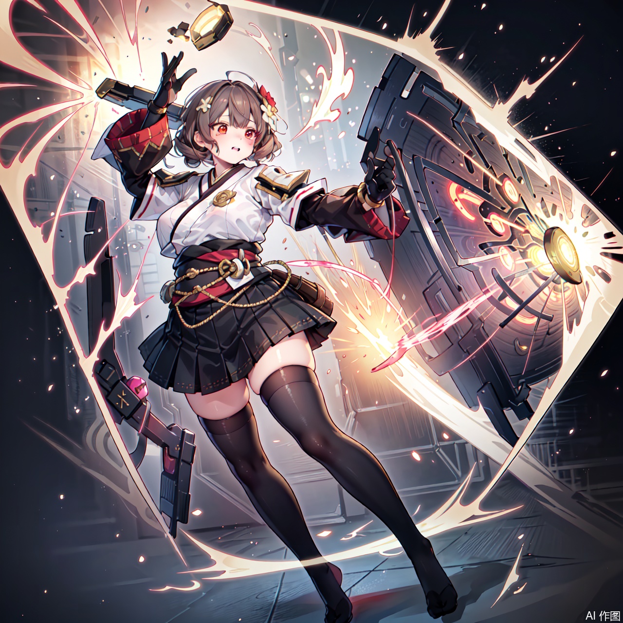  (masterpiece, best quality, best shadow,official art, correct body proportions, Ultra High Definition Picture,master composition),(bust:1.4), (light), (best hands details:1.2), 
//////
chiori, 1girl, brown hair, drill hair, hair ornament,hair flower, flower, red eyes, elbow gloves,short sleeves,wide sleeves, (japanese clothes, yellow top, black skirt), kimono, pleated skirt,dress, black thighhighs, (plump,sexy), 
//////
(dark background), light, (in the clothing store),
//////
1girl, masterpiece, chiori, yuzu, Metal_wing,Sky Striker,mecha musume