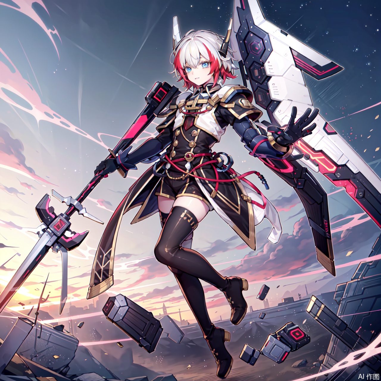 solo, blue eyes, thighhighs, 1boy, full body, white hair, male focus, red hair, multicolored hair, boots, two-tone hair, thigh boots, mtf, staff,Sky Striker,mecha musume
