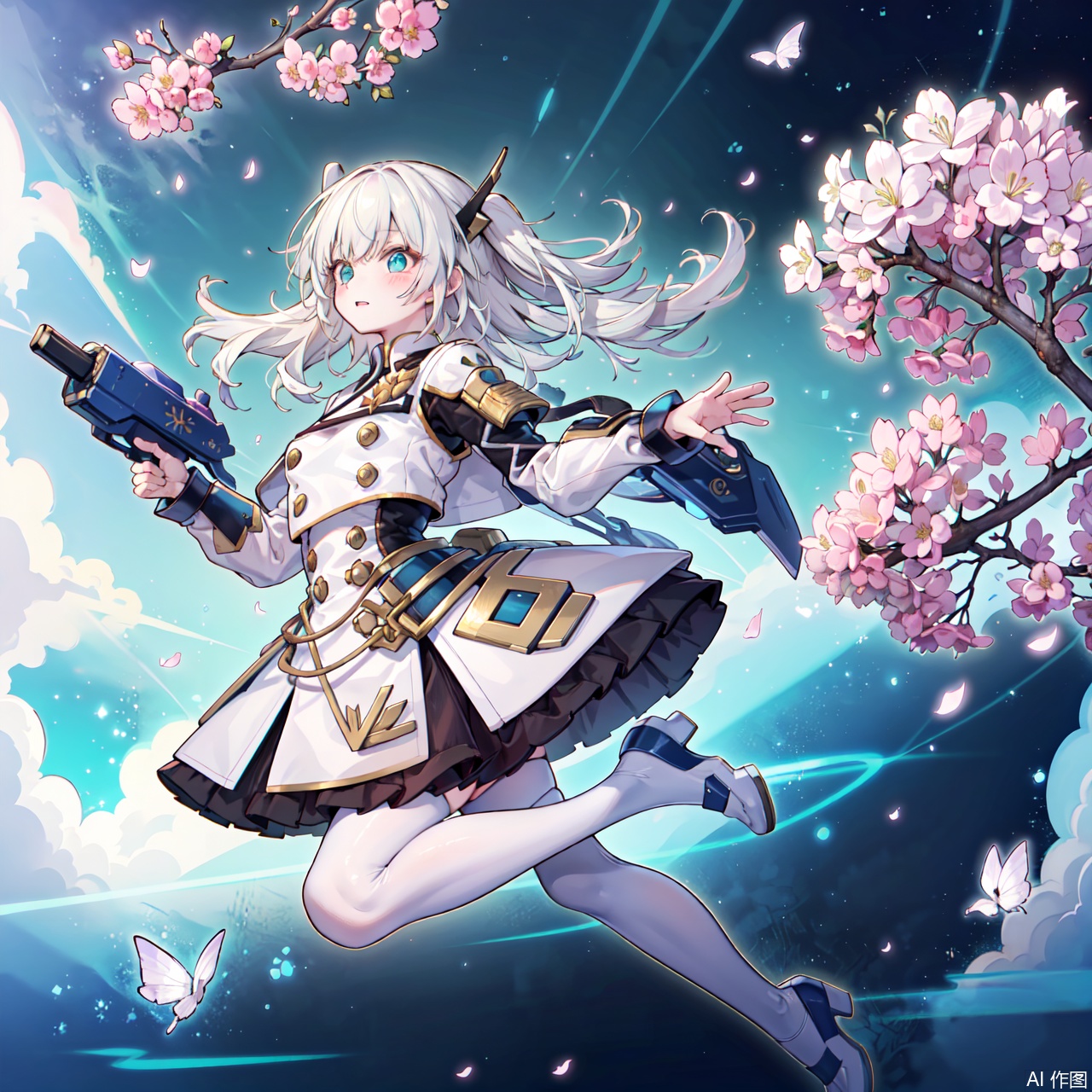  Best Quality, Super High Resolution, a girl (full body photo,) outdoors, white clothes, blue skirt, JK uniform, uniform, full chest, long legs, long hair fluttering, cherry blossom background, blue sky, White Clouds, breeze, turn your face sideways and look to the side, tutututu, lvshui-green dress,Sky Striker,mecha musume