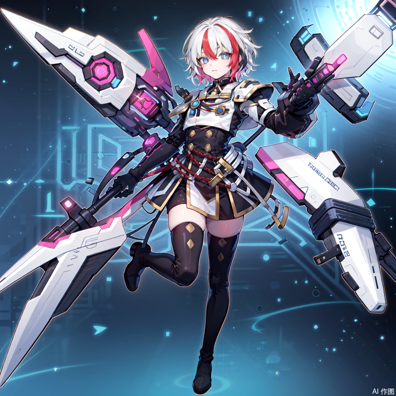 solo, blue eyes, thighhighs, 1boy, full body, white hair, male focus, red hair, multicolored hair, boots, two-tone hair, thigh boots, mtf, staff,Sky Striker,mecha musume