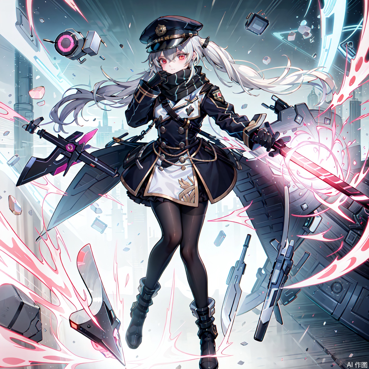 1girl, solo, long hair, red eyes, gloves, long sleeves, hat, holding, hair between eyes, twintails, very long hair, full body, weapon, grey hair, pantyhose, boots, black gloves, sword, scarf, black footwear, holding weapon, uniform, black pantyhose, black headwear, floating hair, holding sword, peaked cap, black scarf,Sky Striker,mecha musume